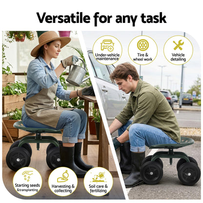 Gardeon Garden Seat 360 Swivel Rolling Adjustable Height Work Scooter Cart Wheels Heavy Duty 150kg GCT-ADJUST-360-GE