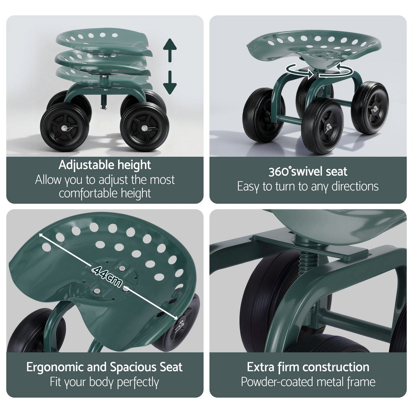 Gardeon Garden Seat 360 Swivel Rolling Adjustable Height Work Scooter Cart Wheels Heavy Duty 150kg GCT-ADJUST-360-GE
