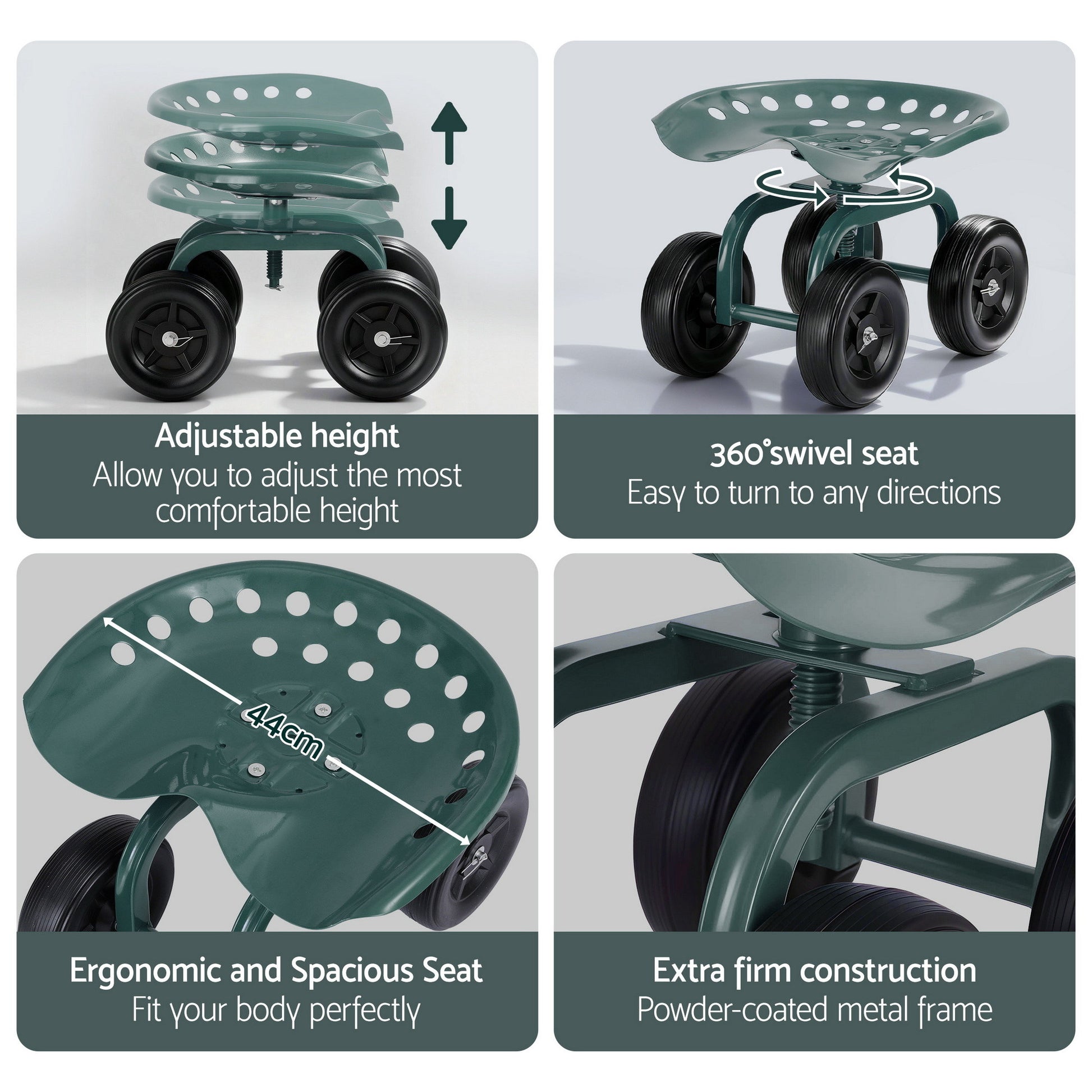 Gardeon Garden Seat 360 Swivel Rolling Adjustable Height Work Scooter Cart Wheels Heavy Duty 150kg GCT-ADJUST-360-GE