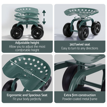 Gardeon Garden Seat 360 Swivel Rolling Adjustable Height Work Scooter Cart Wheels Heavy Duty 150kg GCT-ADJUST-360-GE