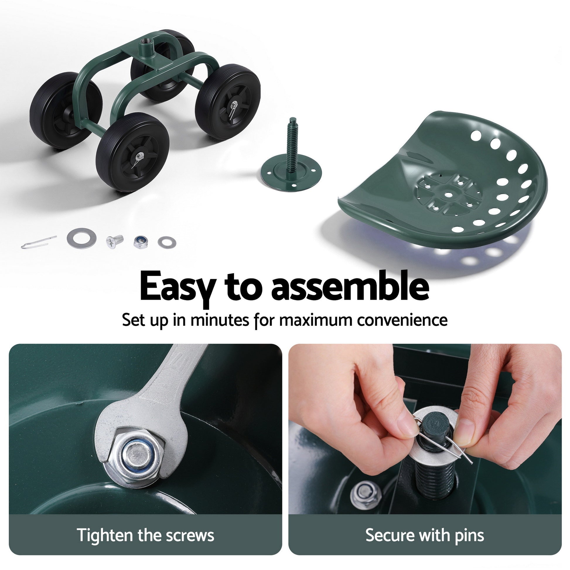 Gardeon Garden Seat 360 Swivel Rolling Adjustable Height Work Scooter Cart Wheels Heavy Duty 150kg GCT-ADJUST-360-GE