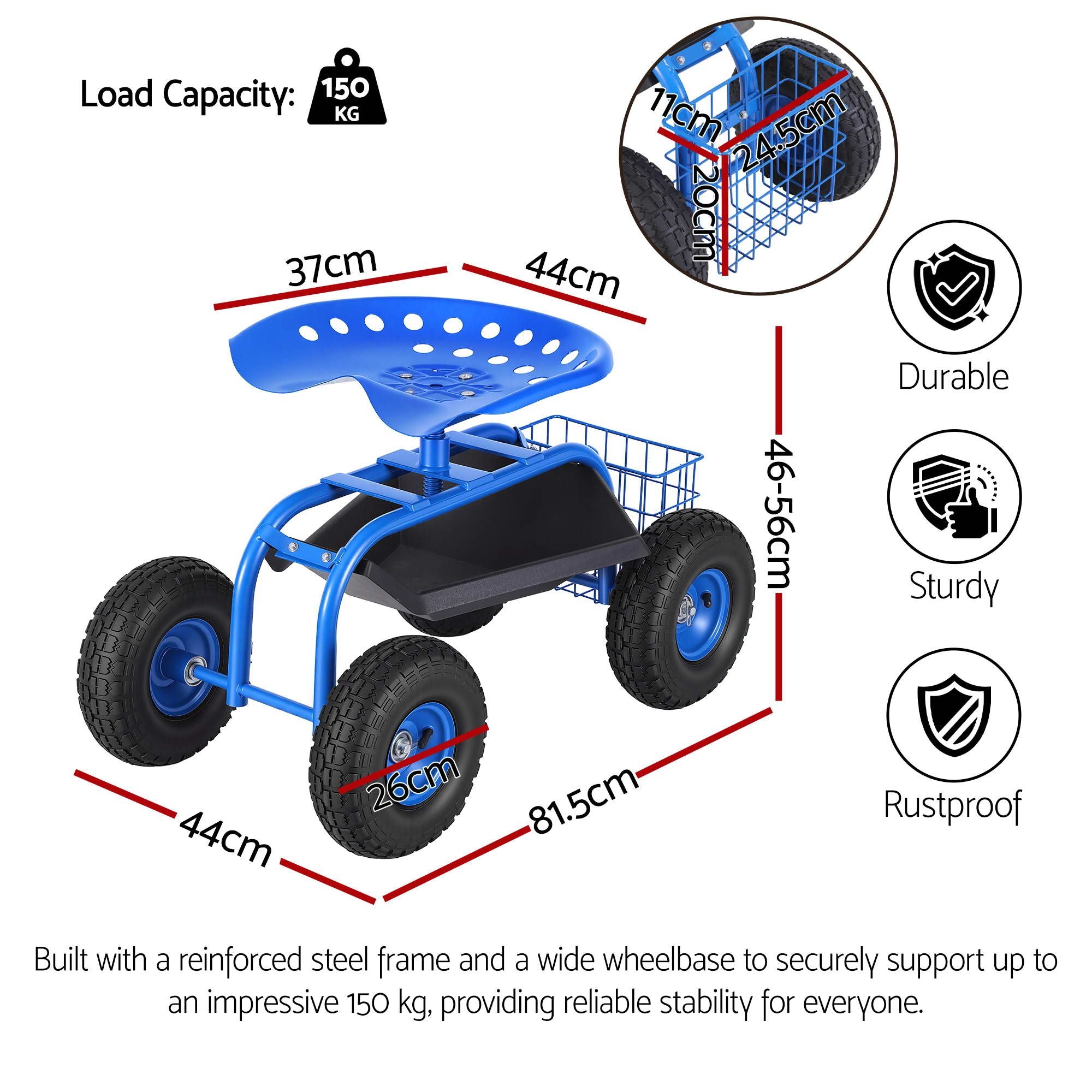 Gardeon Garden Seat with Wheels 360 Swivel Adjustable Height Rolling Stool 150kg GCT-BSK-360-BL