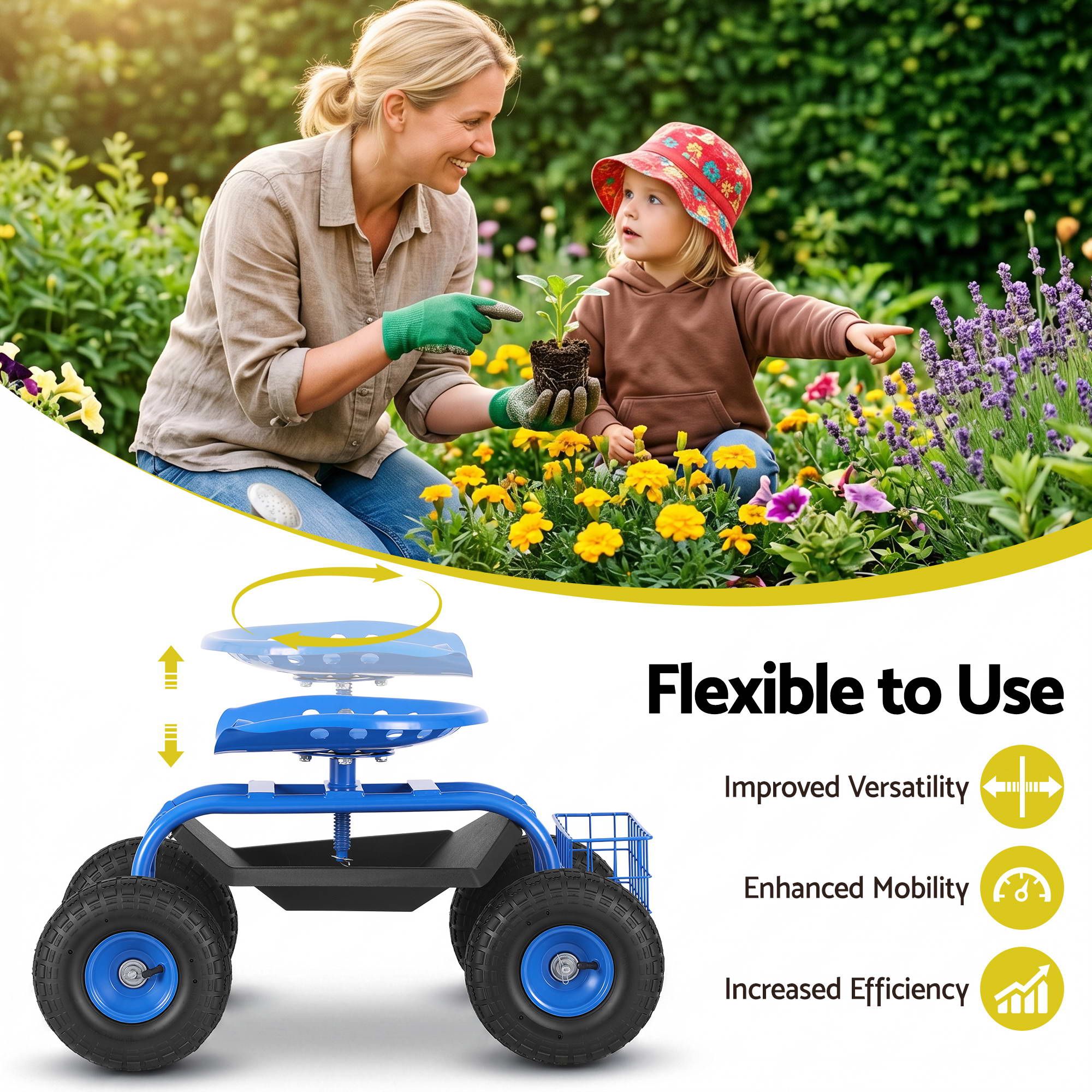 Gardeon Garden Seat with Wheels 360 Swivel Adjustable Height Rolling Stool 150kg GCT-BSK-360-BL
