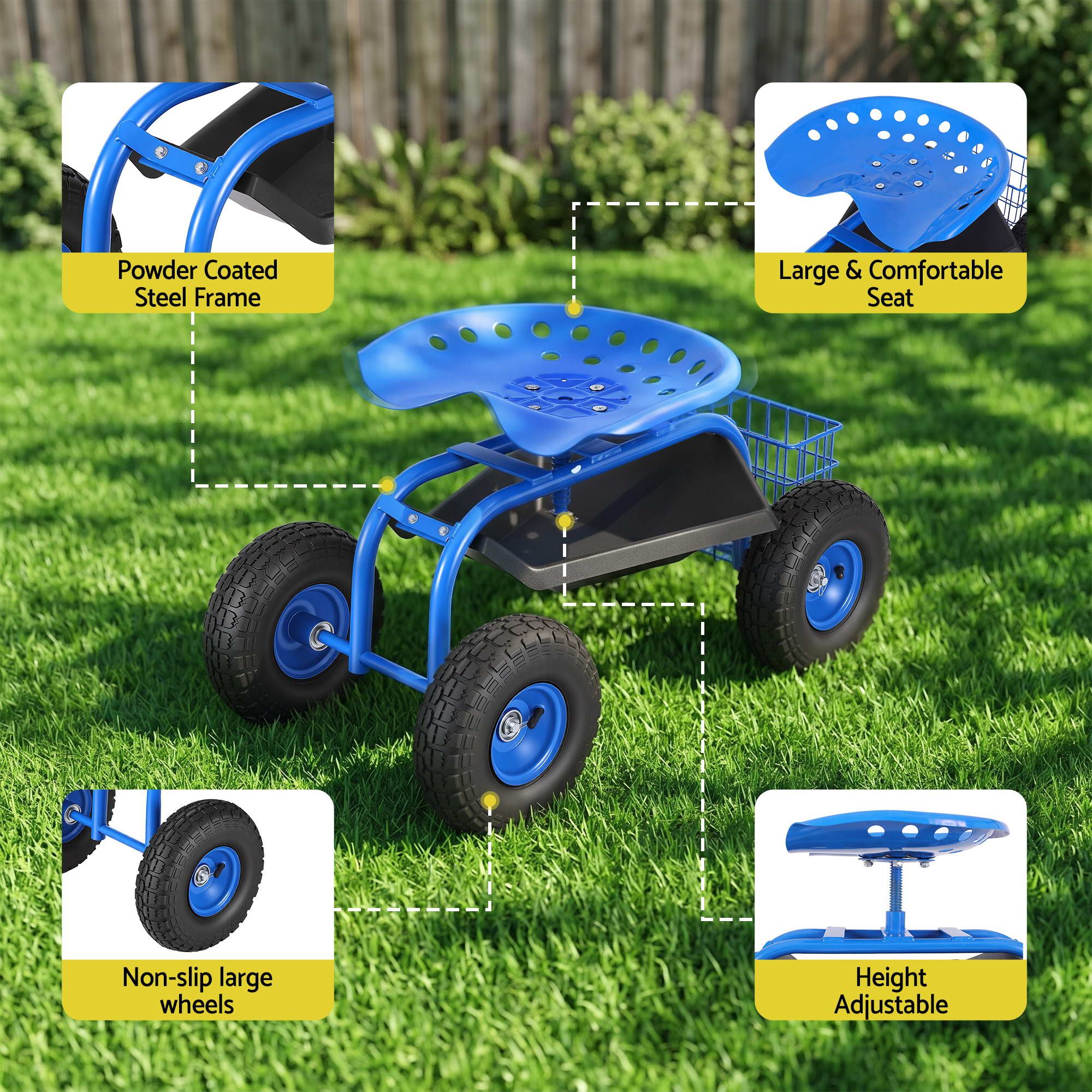 Gardeon Garden Seat with Wheels 360 Swivel Adjustable Height Rolling Stool 150kg GCT-BSK-360-BL