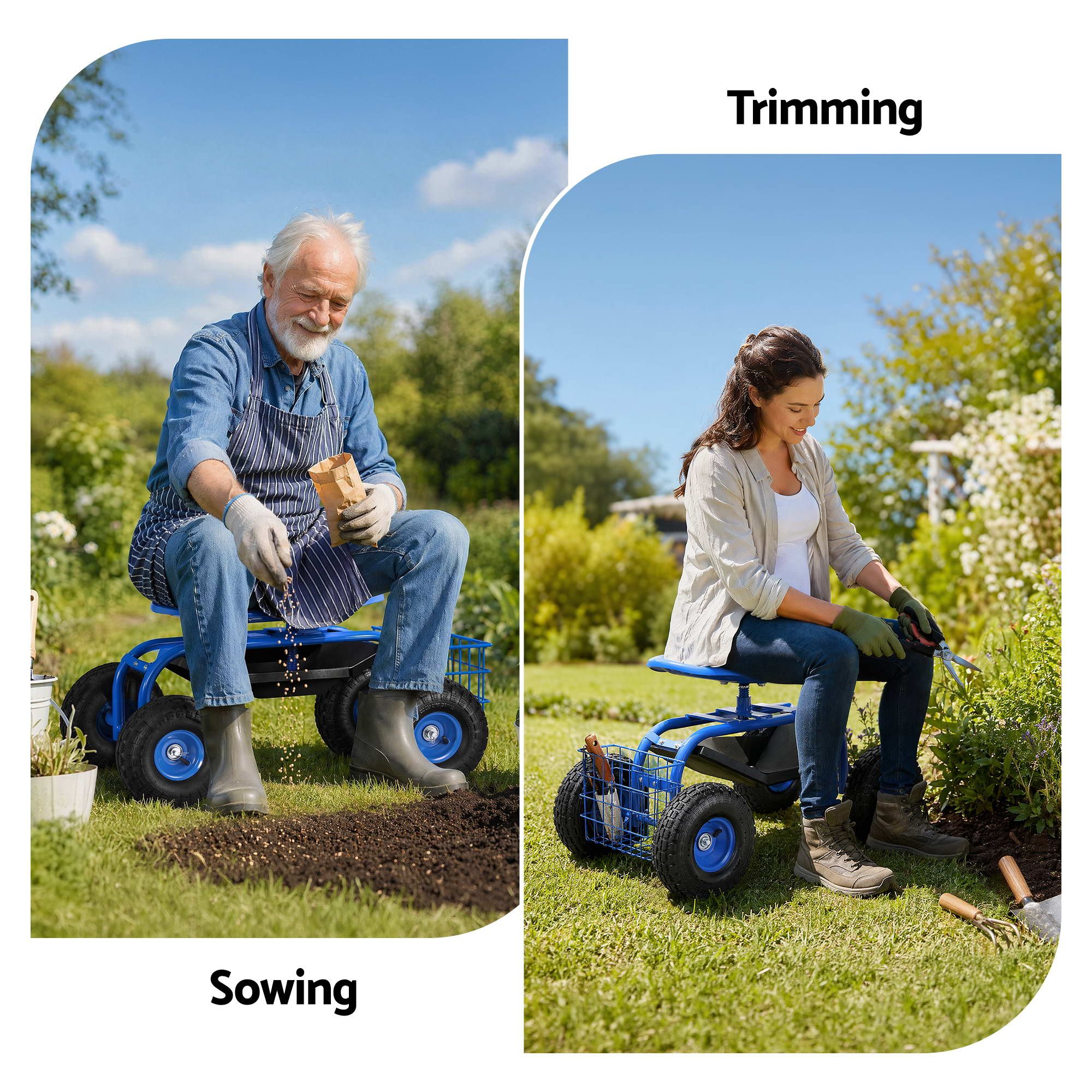 Gardeon Garden Seat with Wheels 360 Swivel Adjustable Height Rolling Stool 150kg GCT-BSK-360-BL
