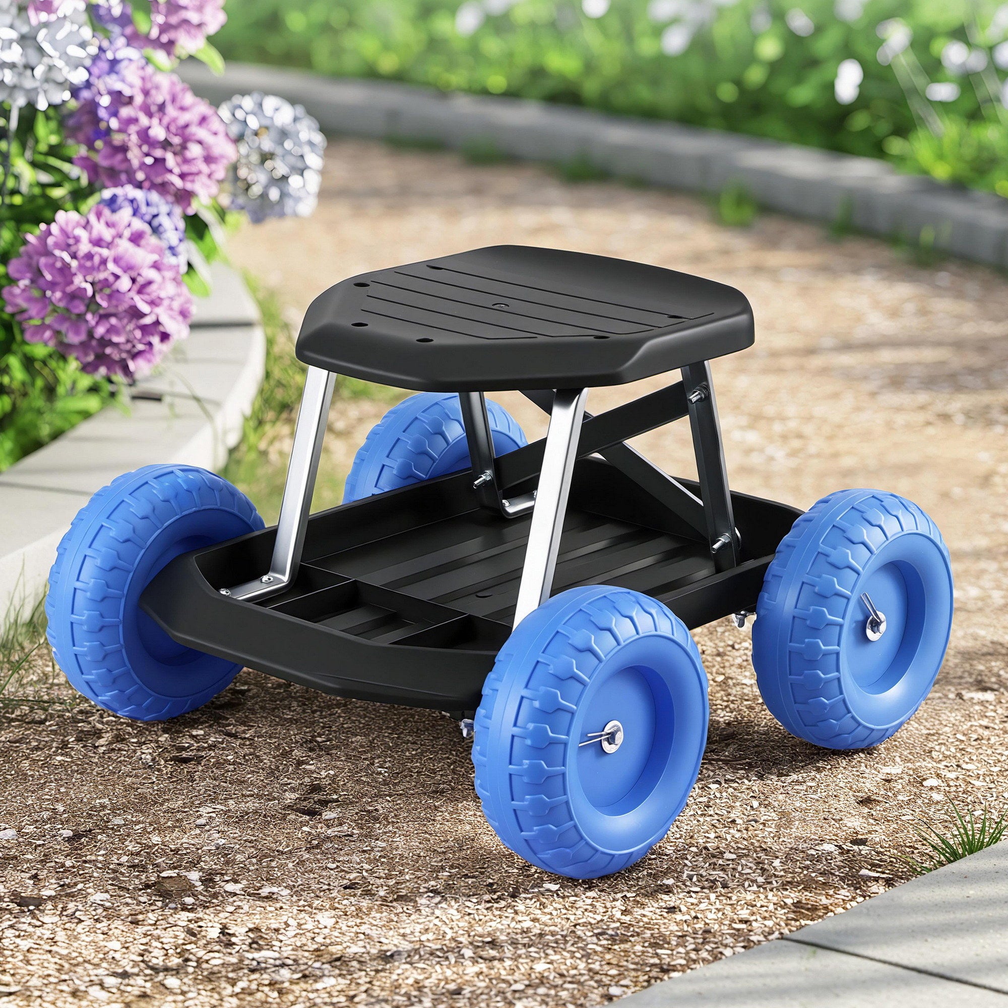 Gardeon Garden Cart Seat with Wheels, Rolling Work Stool with Tool Storage Tray, 440lbs (200kg) Heavy Duty GCT-SEAT-200KG-BL