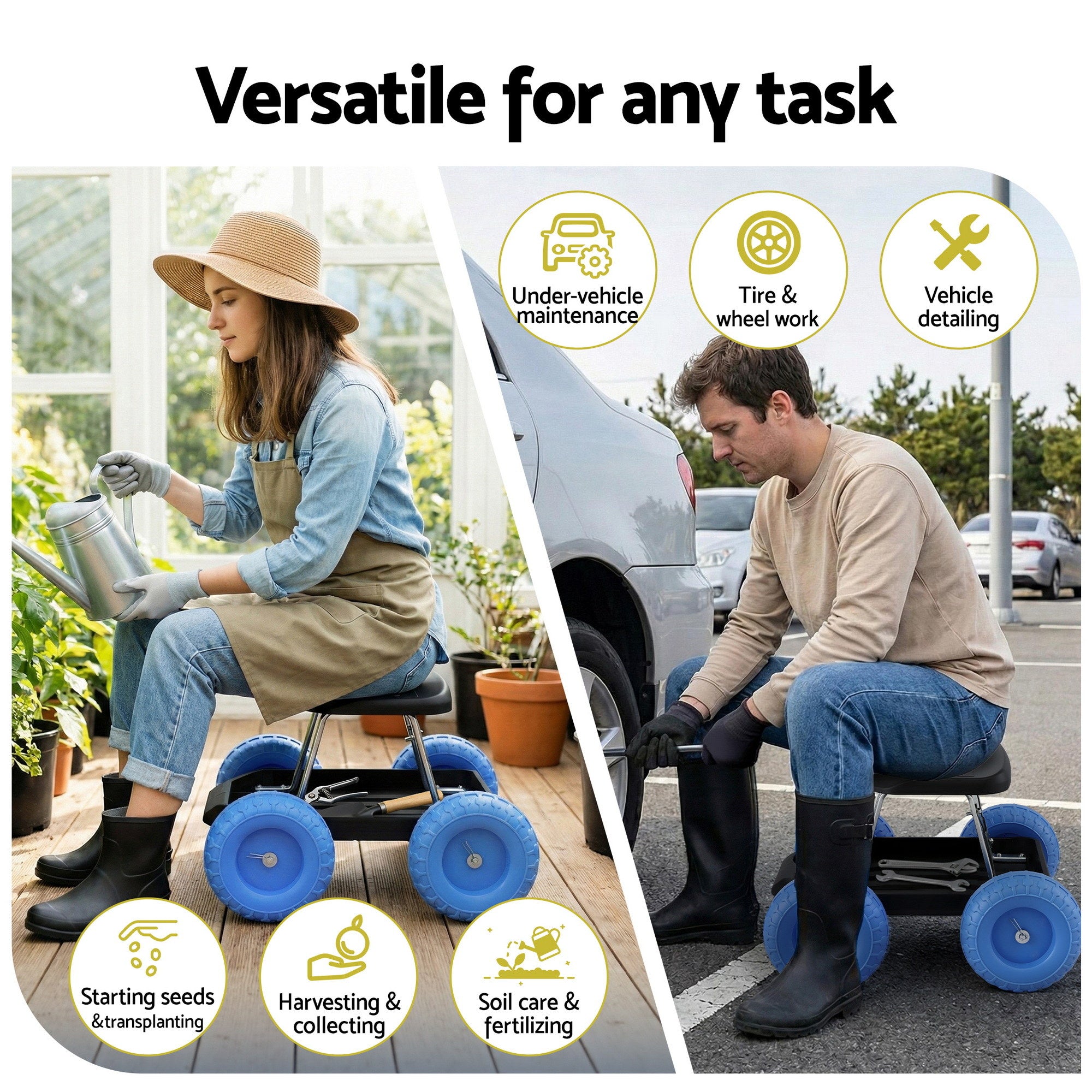 Gardeon Garden Cart Seat with Wheels, Rolling Work Stool with Tool Storage Tray, 440lbs (200kg) Heavy Duty GCT-SEAT-200KG-BL