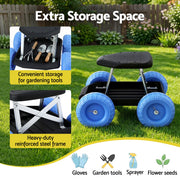 Gardeon Garden Cart Seat with Wheels, Rolling Work Stool with Tool Storage Tray, 440lbs (200kg) Heavy Duty GCT-SEAT-200KG-BL