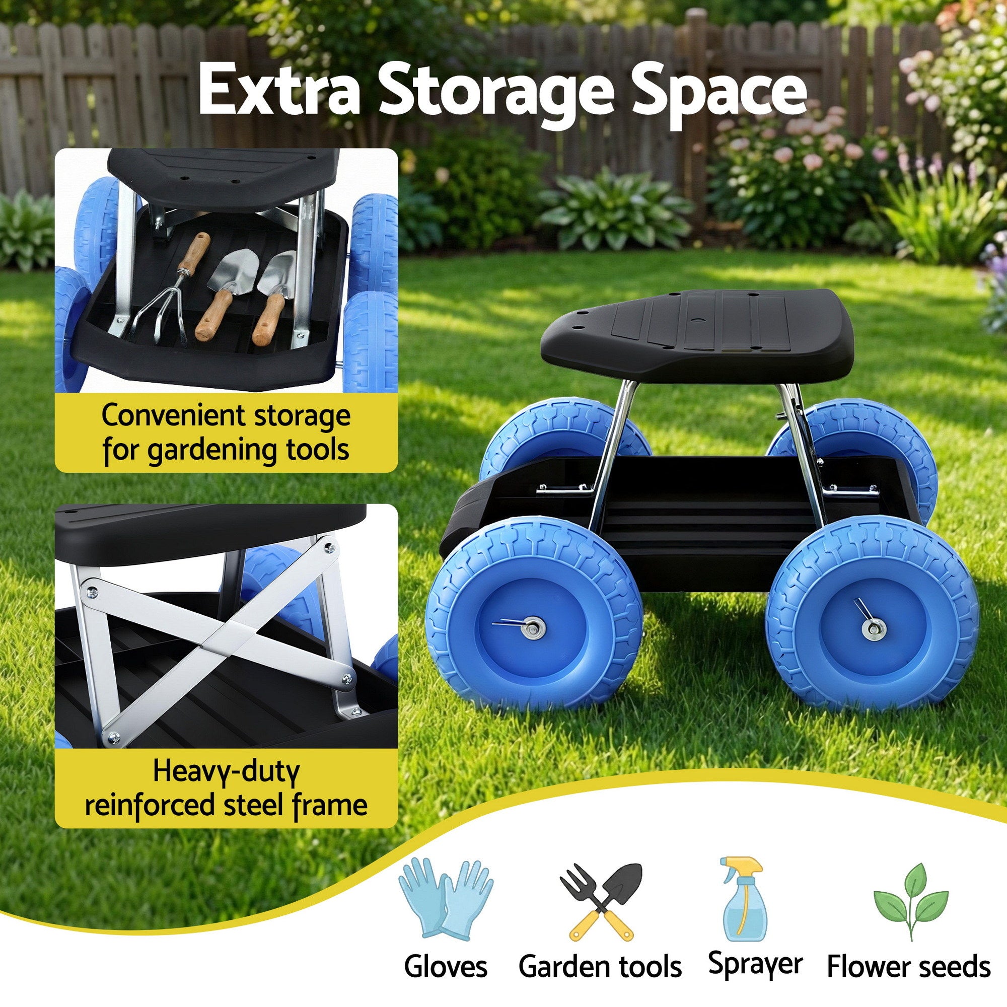 Gardeon Garden Cart Seat with Wheels, Rolling Work Stool with Tool Storage Tray, 440lbs (200kg) Heavy Duty GCT-SEAT-200KG-BL