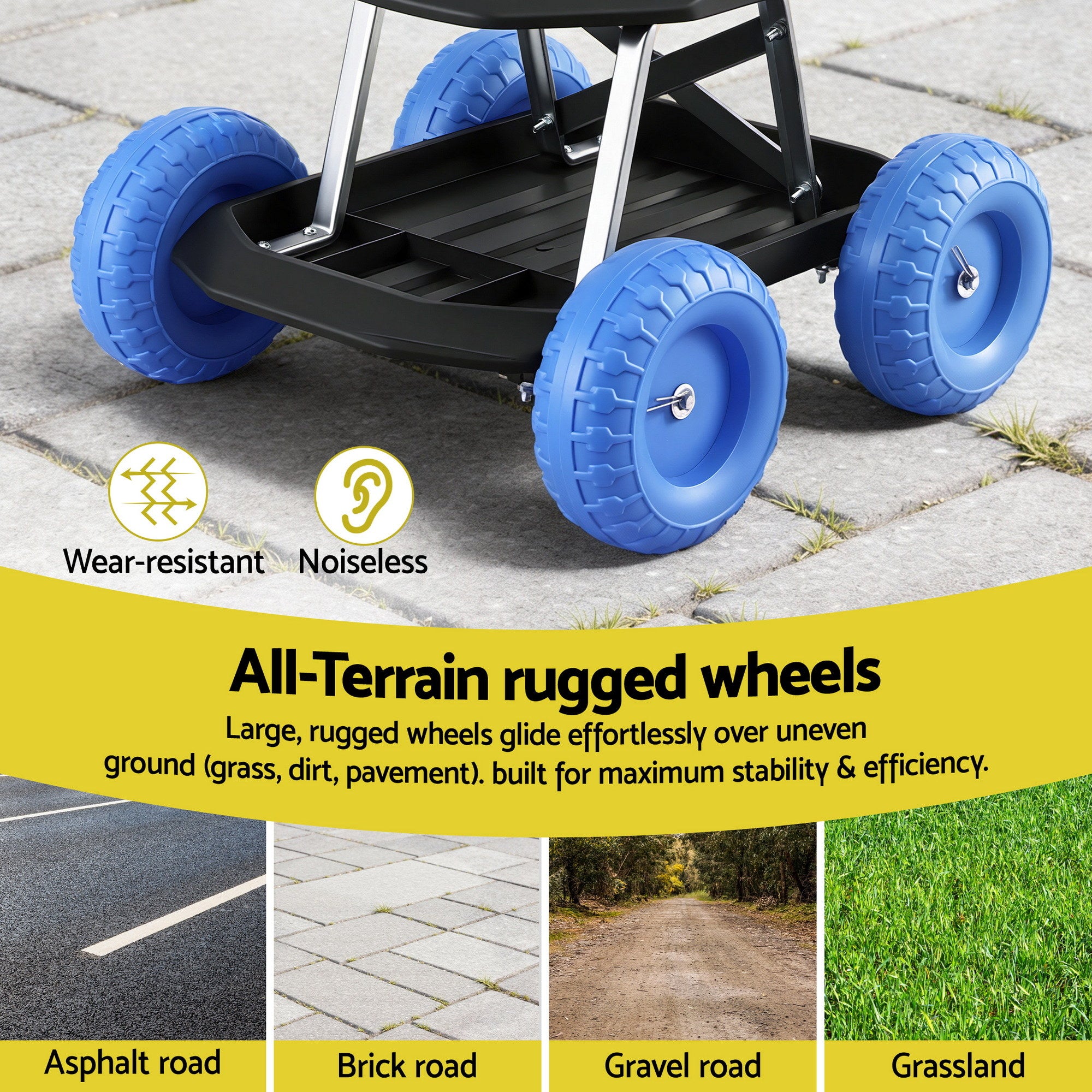 Gardeon Garden Cart Seat with Wheels, Rolling Work Stool with Tool Storage Tray, 440lbs (200kg) Heavy Duty GCT-SEAT-200KG-BL