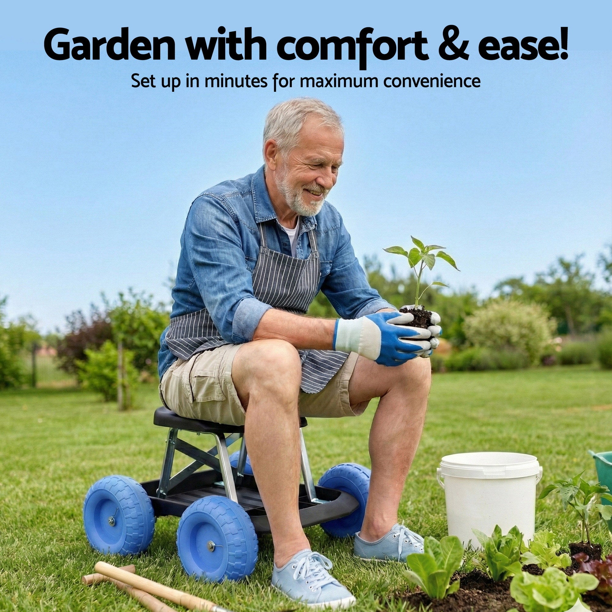 Gardeon Garden Cart Seat with Wheels, Rolling Work Stool with Tool Storage Tray, 440lbs (200kg) Heavy Duty GCT-SEAT-200KG-BL