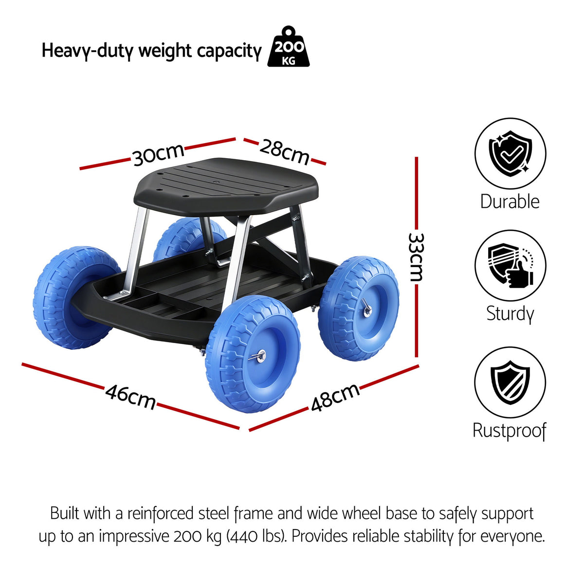 Gardeon Garden Cart Seat with Wheels, Rolling Work Stool with Tool Storage Tray, 440lbs (200kg) Heavy Duty GCT-SEAT-200KG-BL