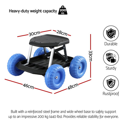 Gardeon Garden Cart Seat with Wheels, Rolling Work Stool with Tool Storage Tray, 440lbs (200kg) Heavy Duty GCT-SEAT-200KG-BL