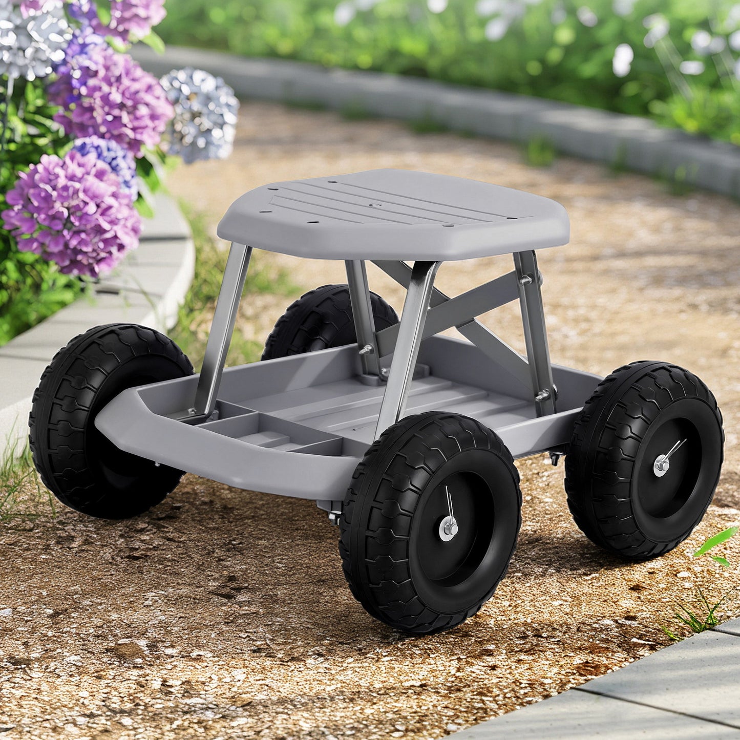 Gardeon Garden Cart Seat with Wheels, Rolling Work Stool with Tool Storage Tray, 440lbs (200kg) Heavy Duty GCT-SEAT-200KG-GY