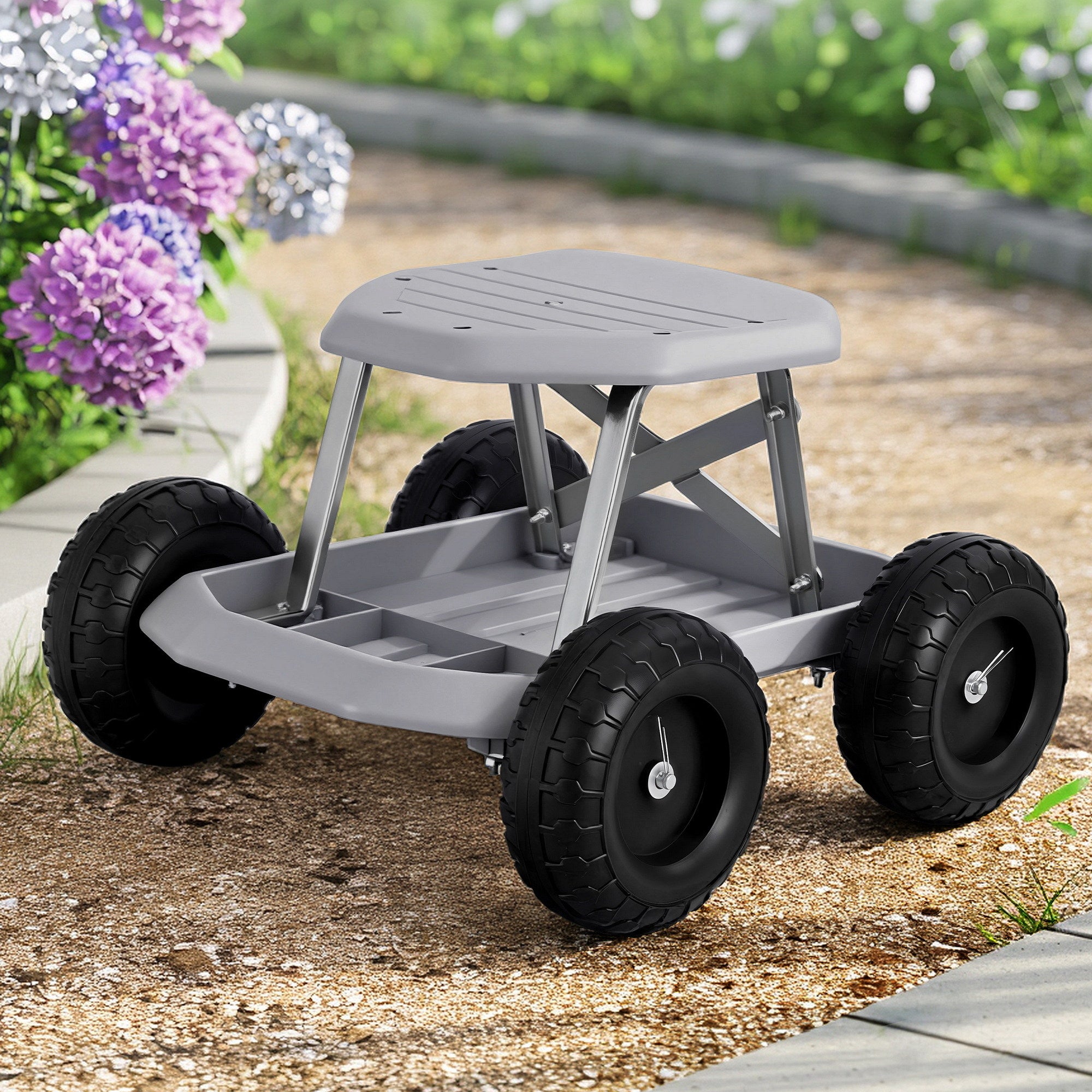Gardeon Garden Cart Seat with Wheels, Rolling Work Stool with Tool Storage Tray, 440lbs (200kg) Heavy Duty GCT-SEAT-200KG-GY