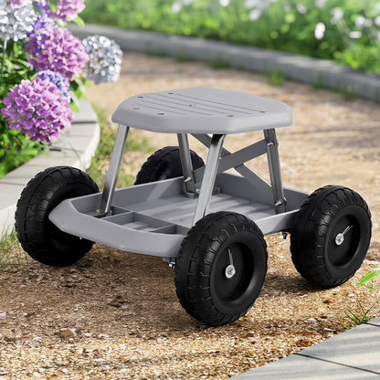 Gardeon Garden Cart Seat with Wheels, Rolling Work Stool with Tool Storage Tray, 440lbs (200kg) Heavy Duty GCT-SEAT-200KG-GY