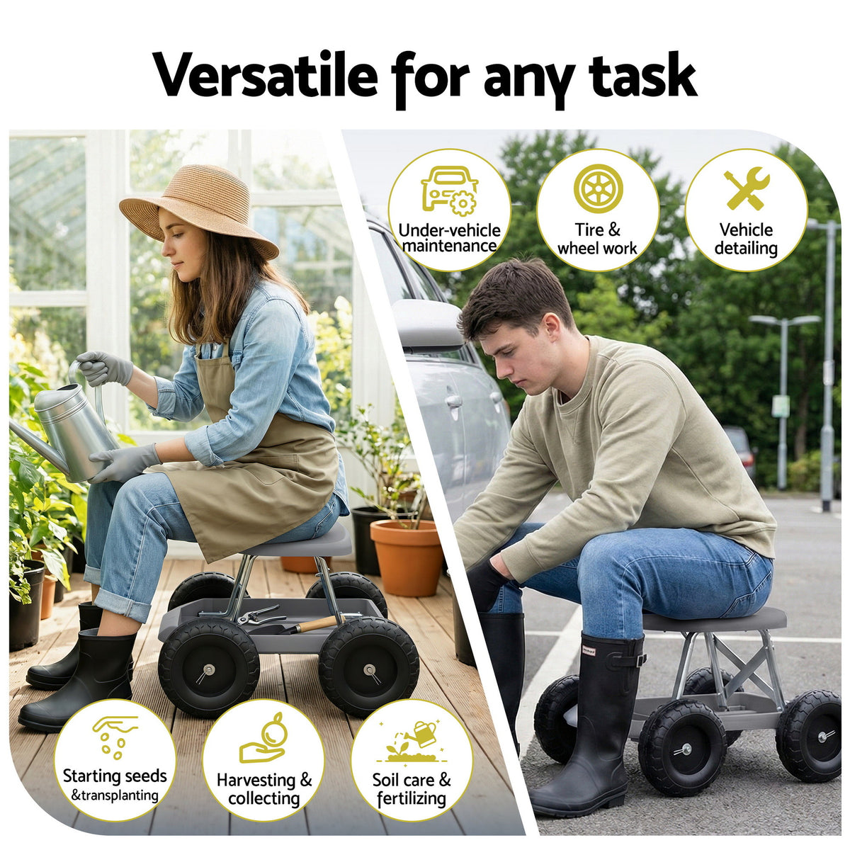 Gardeon Garden Cart Seat with Wheels, Rolling Work Stool with Tool Storage Tray, 440lbs (200kg) Heavy Duty GCT-SEAT-200KG-GY