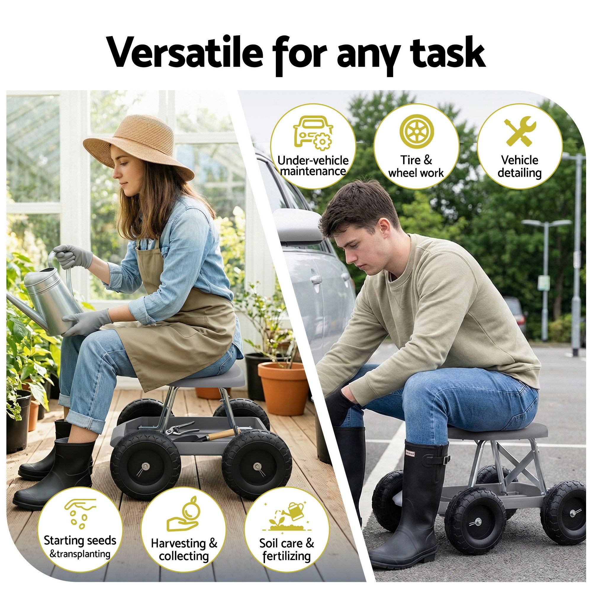 Gardeon Garden Cart Seat with Wheels, Rolling Work Stool with Tool Storage Tray, 440lbs (200kg) Heavy Duty GCT-SEAT-200KG-GY