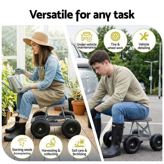 Gardeon Garden Cart Seat with Wheels, Rolling Work Stool with Tool Storage Tray, 440lbs (200kg) Heavy Duty GCT-SEAT-200KG-GY