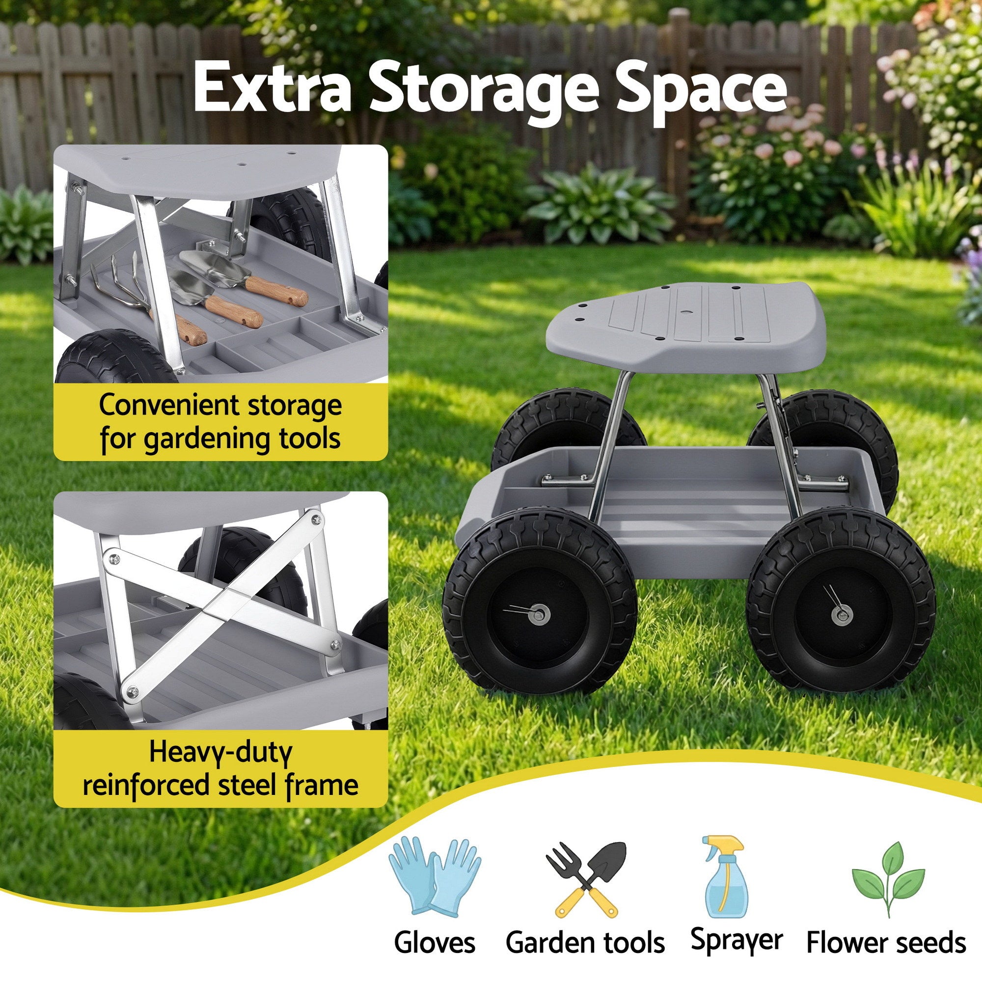 Gardeon Garden Cart Seat with Wheels, Rolling Work Stool with Tool Storage Tray, 440lbs (200kg) Heavy Duty GCT-SEAT-200KG-GY