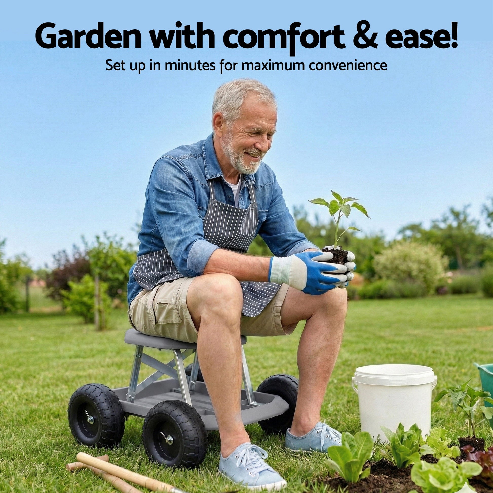 Gardeon Garden Cart Seat with Wheels, Rolling Work Stool with Tool Storage Tray, 440lbs (200kg) Heavy Duty GCT-SEAT-200KG-GY
