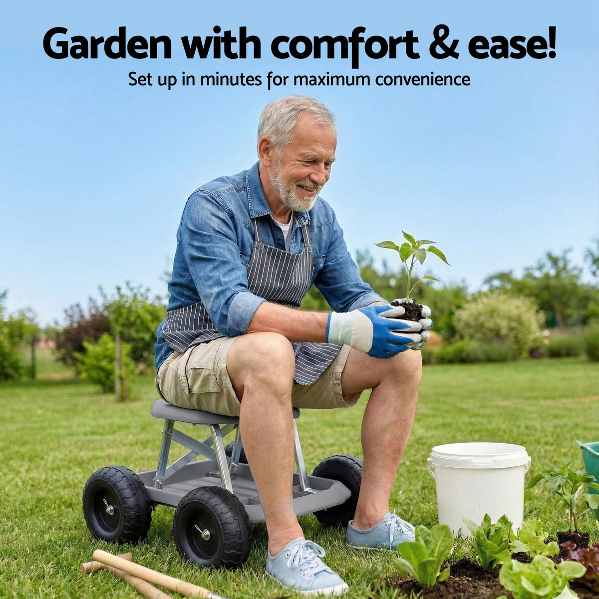 Gardeon Garden Cart Seat with Wheels, Rolling Work Stool with Tool Storage Tray, 440lbs (200kg) Heavy Duty GCT-SEAT-200KG-GY
