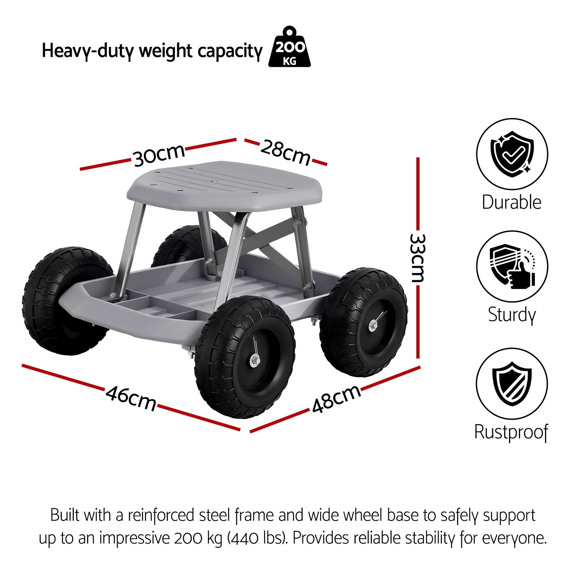 Gardeon Garden Cart Seat with Wheels, Rolling Work Stool with Tool Storage Tray, 440lbs (200kg) Heavy Duty GCT-SEAT-200KG-GY