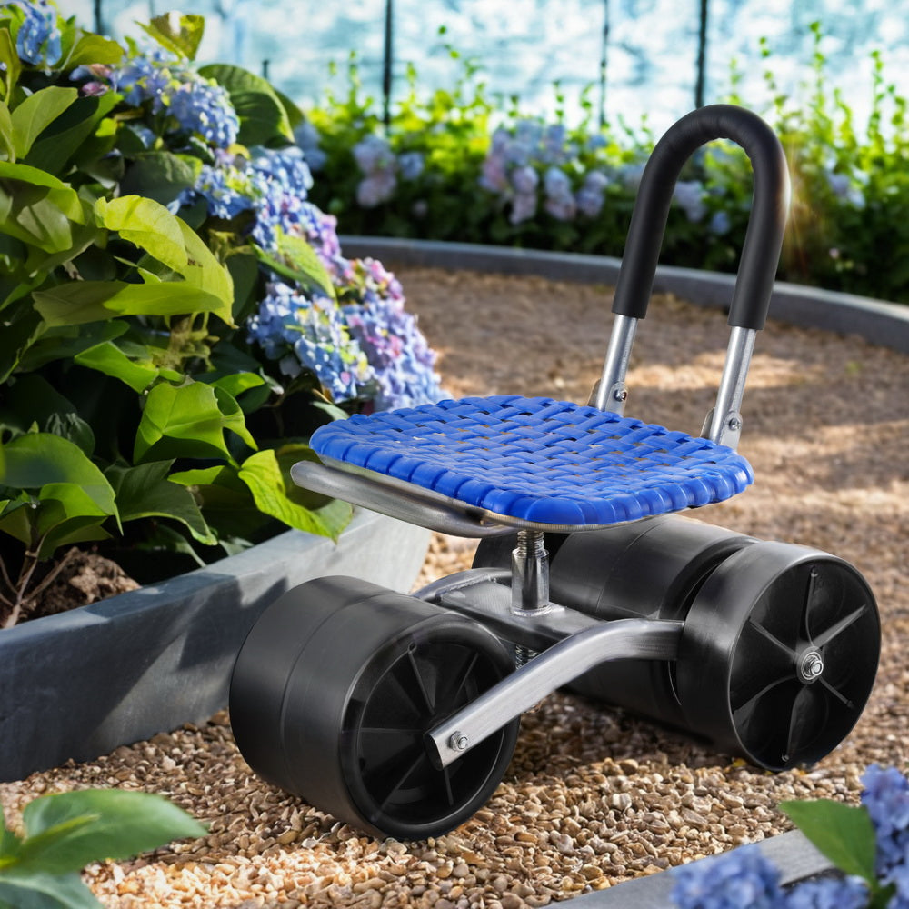 Gardeon Garden Stool Seat Foldable with Wheels Blue GCT-STEEL-130KG-BL