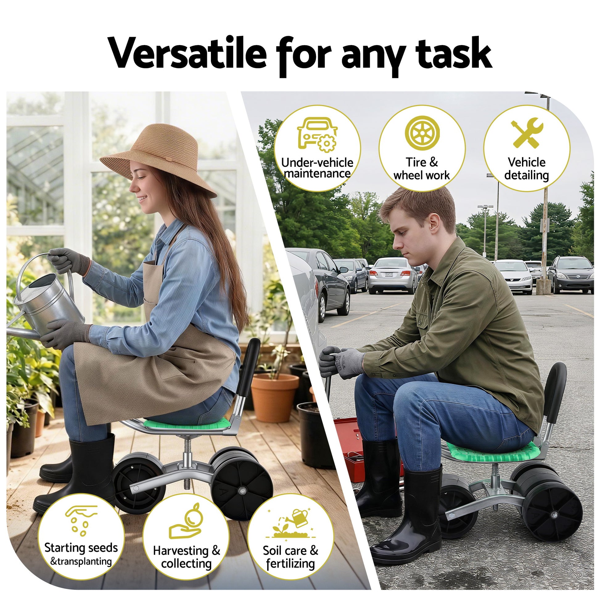 Gardeon Gardening Cart with 360 degrees Swivel Seat | Rolling Work Seat with Adjustable Height & All-Terrain GCT-STEEL-130KG-LGR