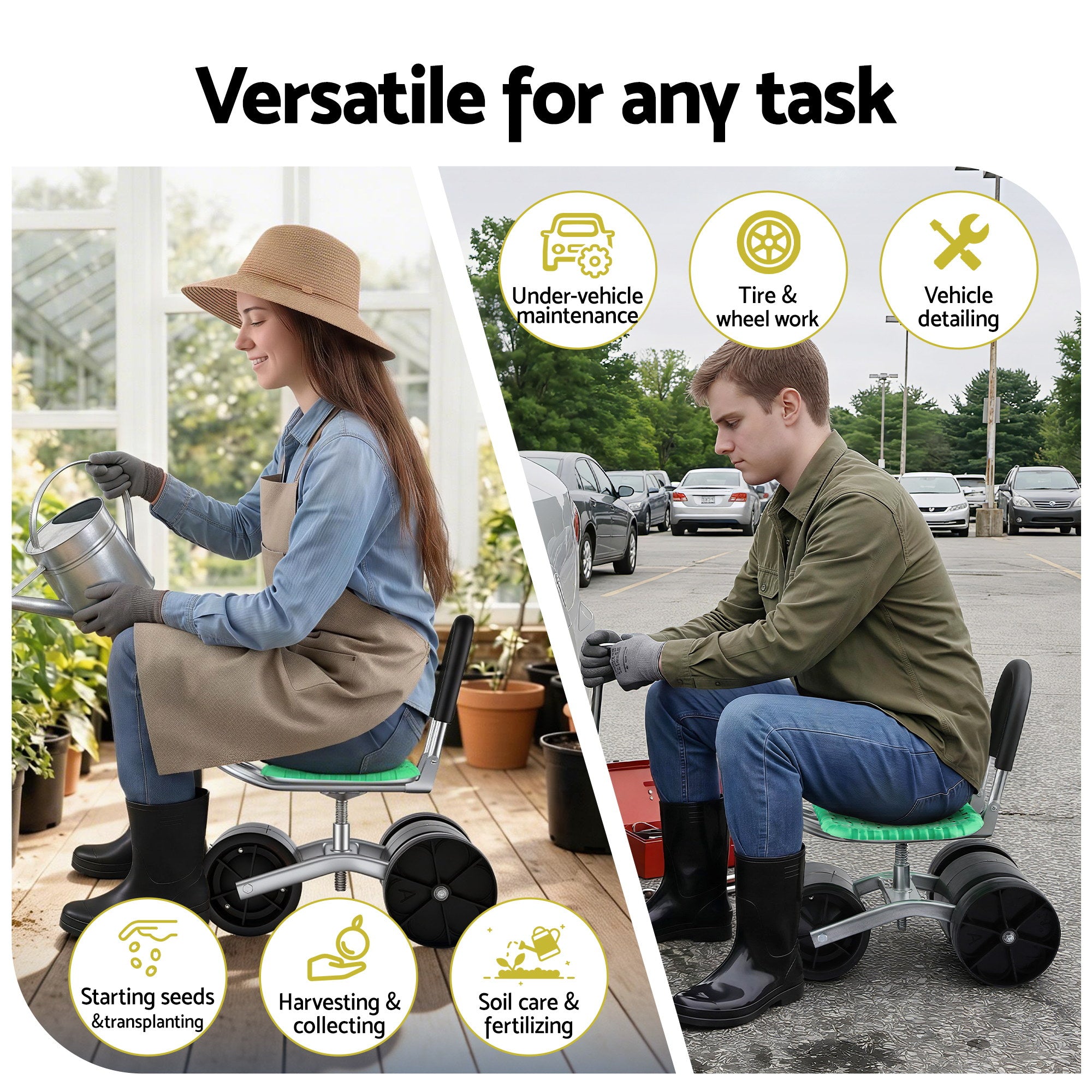 Gardeon Gardening Cart with 360 degrees Swivel Seat | Rolling Work Seat with Adjustable Height & All-Terrain GCT-STEEL-130KG-LGR