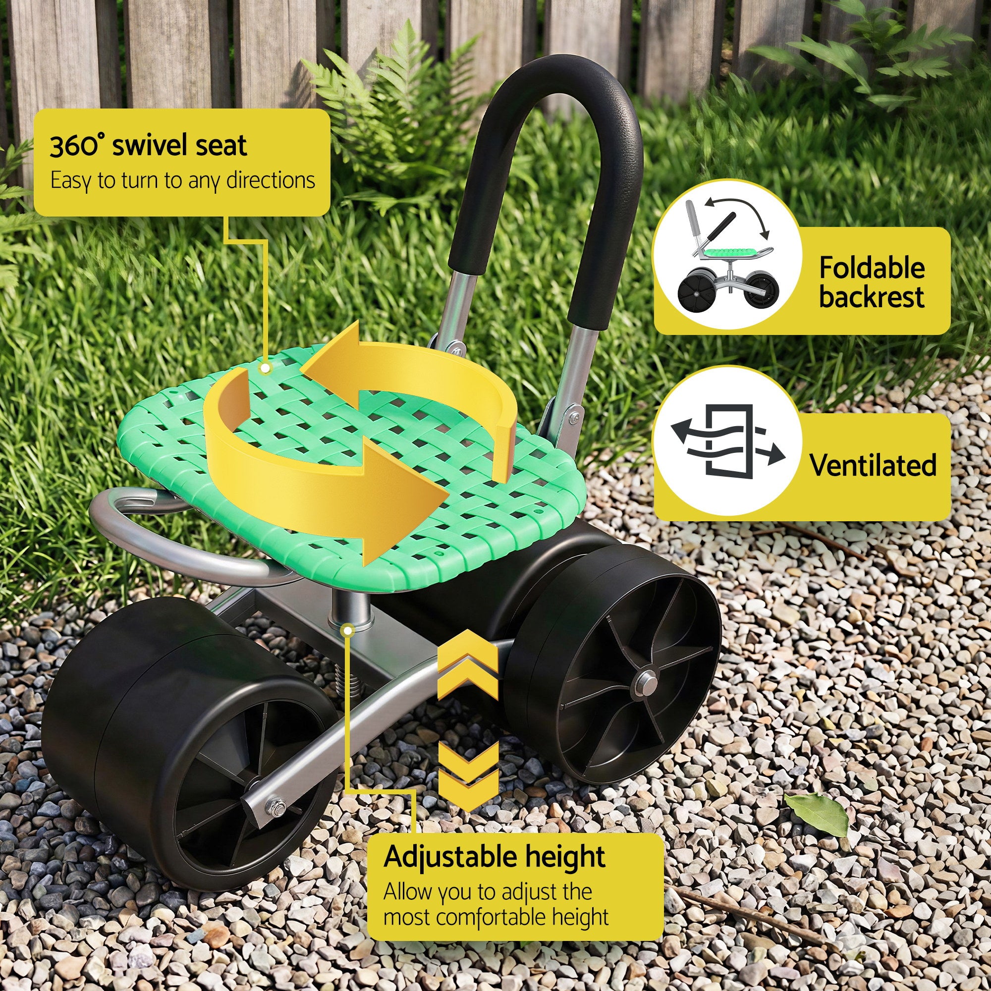Gardeon Gardening Cart with 360 degrees Swivel Seat | Rolling Work Seat with Adjustable Height & All-Terrain GCT-STEEL-130KG-LGR