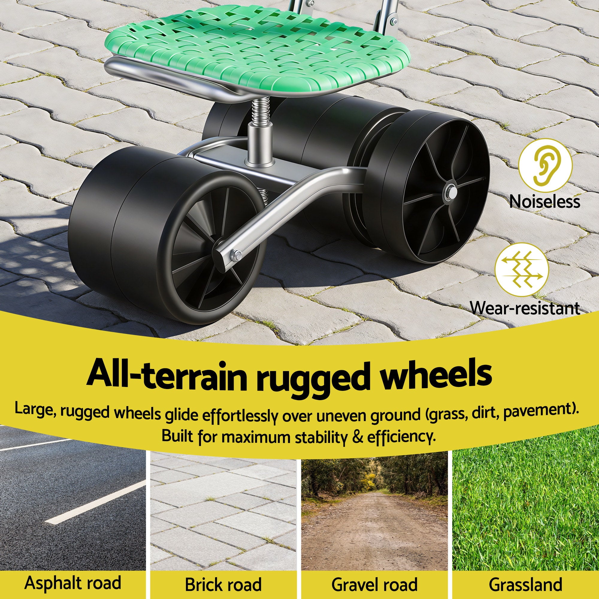 Gardeon Gardening Cart with 360 degrees Swivel Seat | Rolling Work Seat with Adjustable Height & All-Terrain GCT-STEEL-130KG-LGR