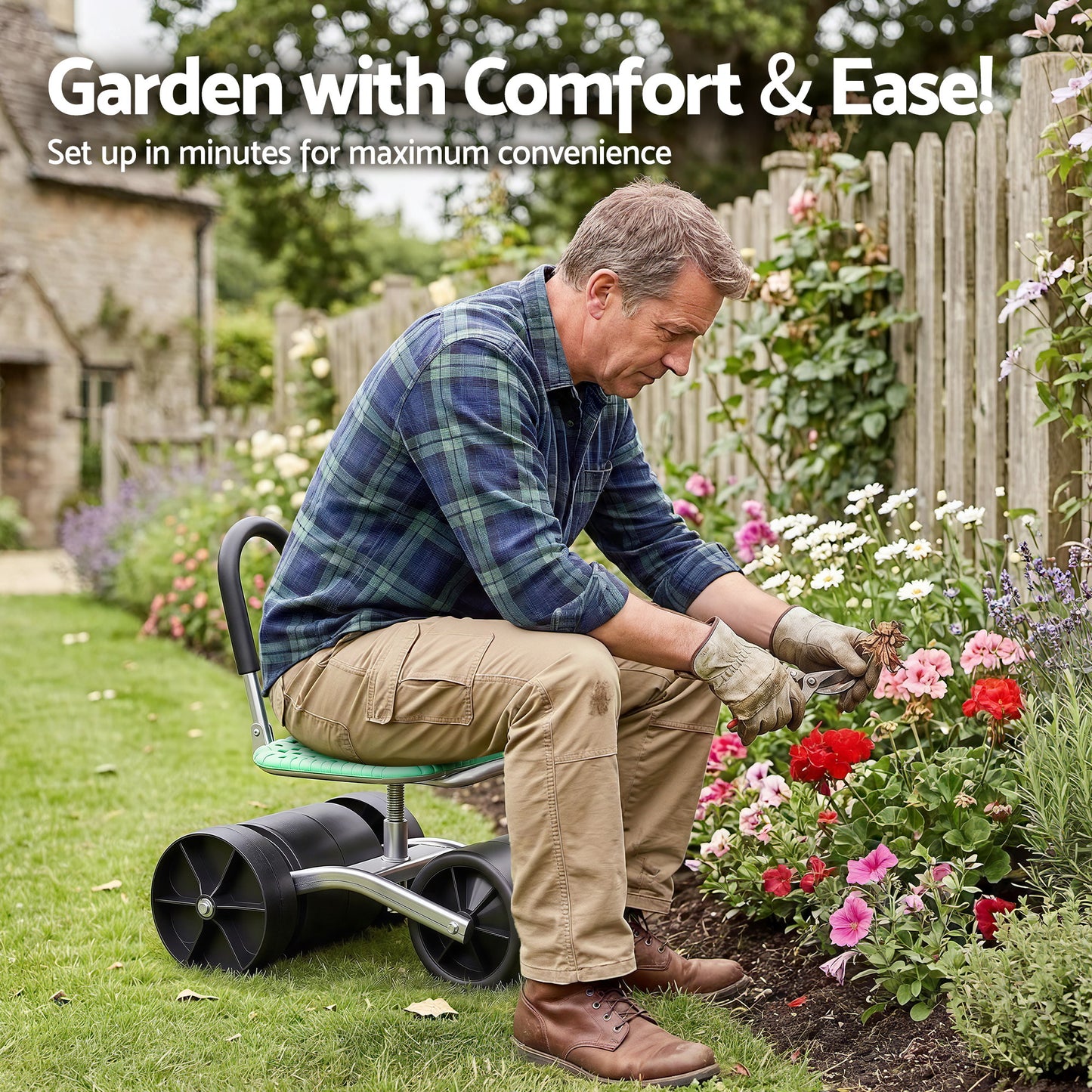 Gardeon Gardening Cart with 360 degrees Swivel Seat | Rolling Work Seat with Adjustable Height & All-Terrain GCT-STEEL-130KG-LGR