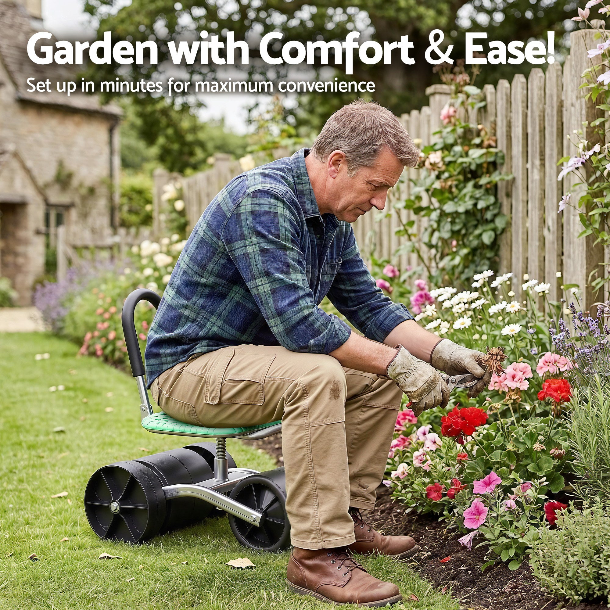 Gardeon Gardening Cart with 360 degrees Swivel Seat | Rolling Work Seat with Adjustable Height & All-Terrain GCT-STEEL-130KG-LGR