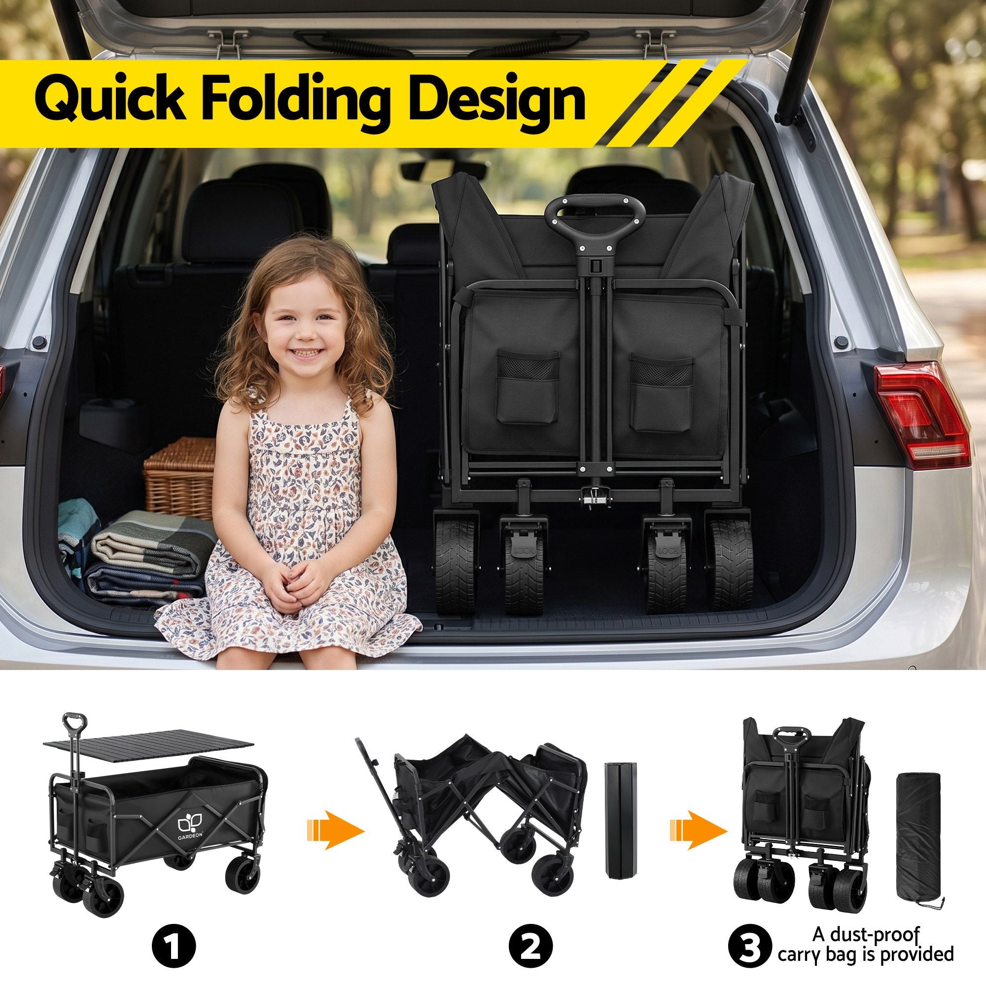 Gardeon Folding Camping Wagon Heavy Duty Utility Cart with Tailgate Table 150L GCT-W-TABLE-86-BK