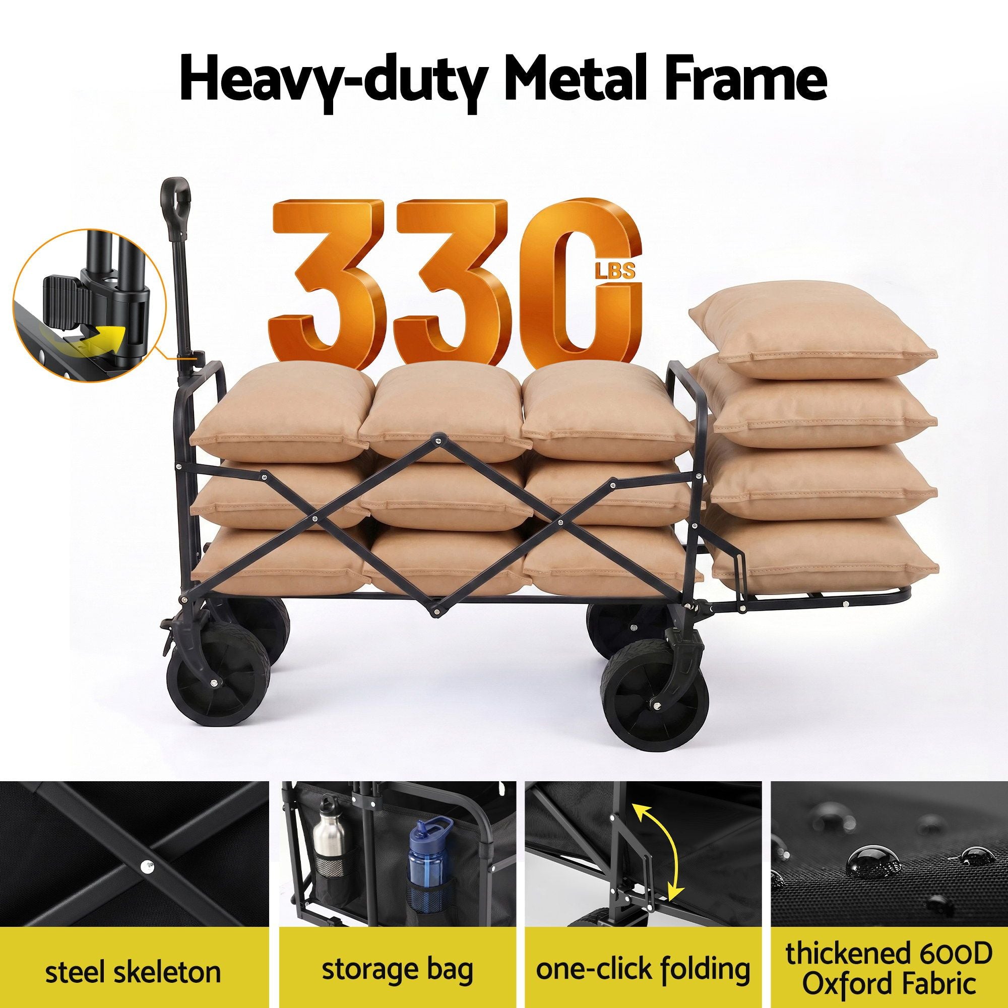 Gardeon Folding Camping Wagon Heavy Duty Utility Cart with Tailgate Table 150L GCT-W-TABLE-86-BK