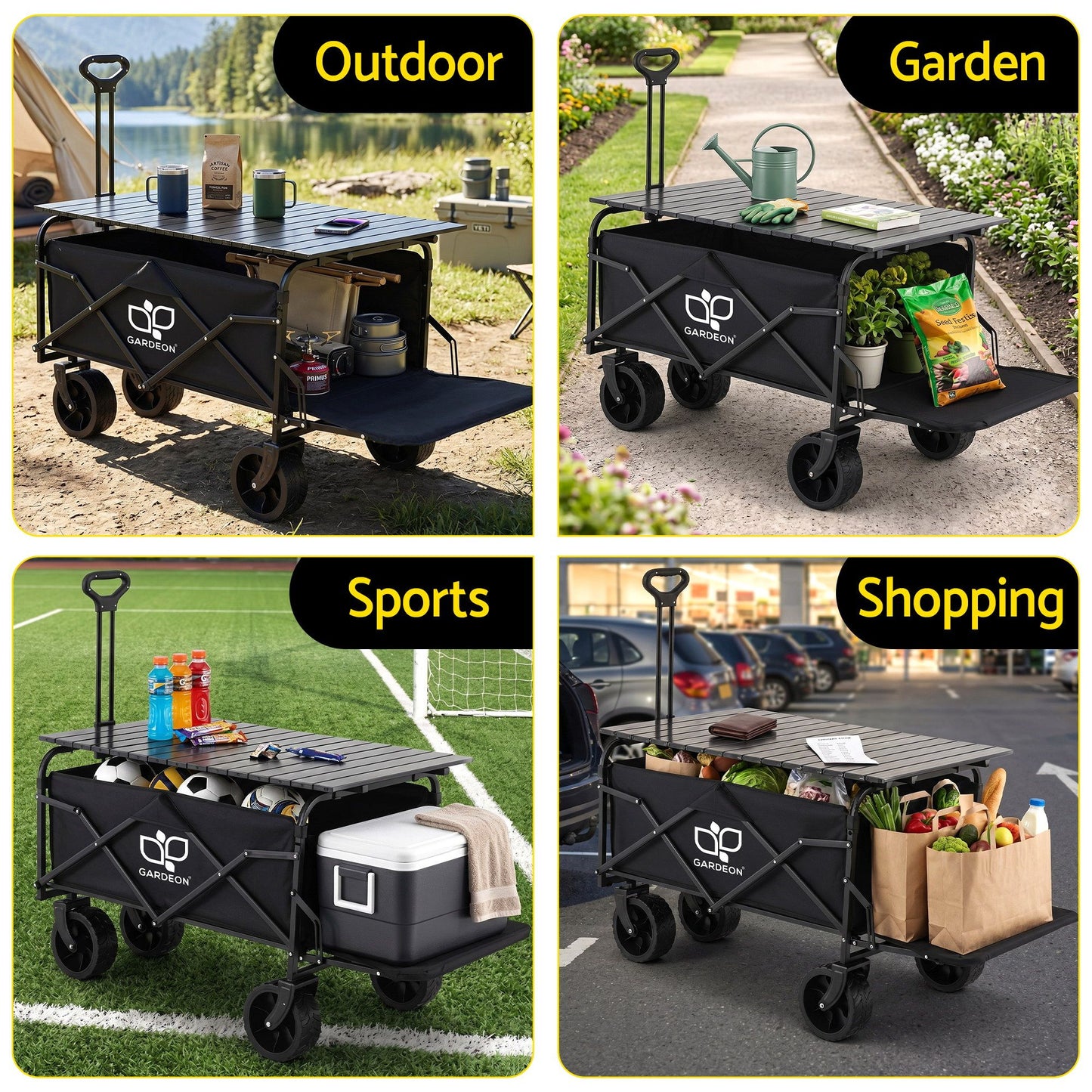 Gardeon Folding Camping Wagon Heavy Duty Utility Cart with Tailgate Table 150L GCT-W-TABLE-86-BK