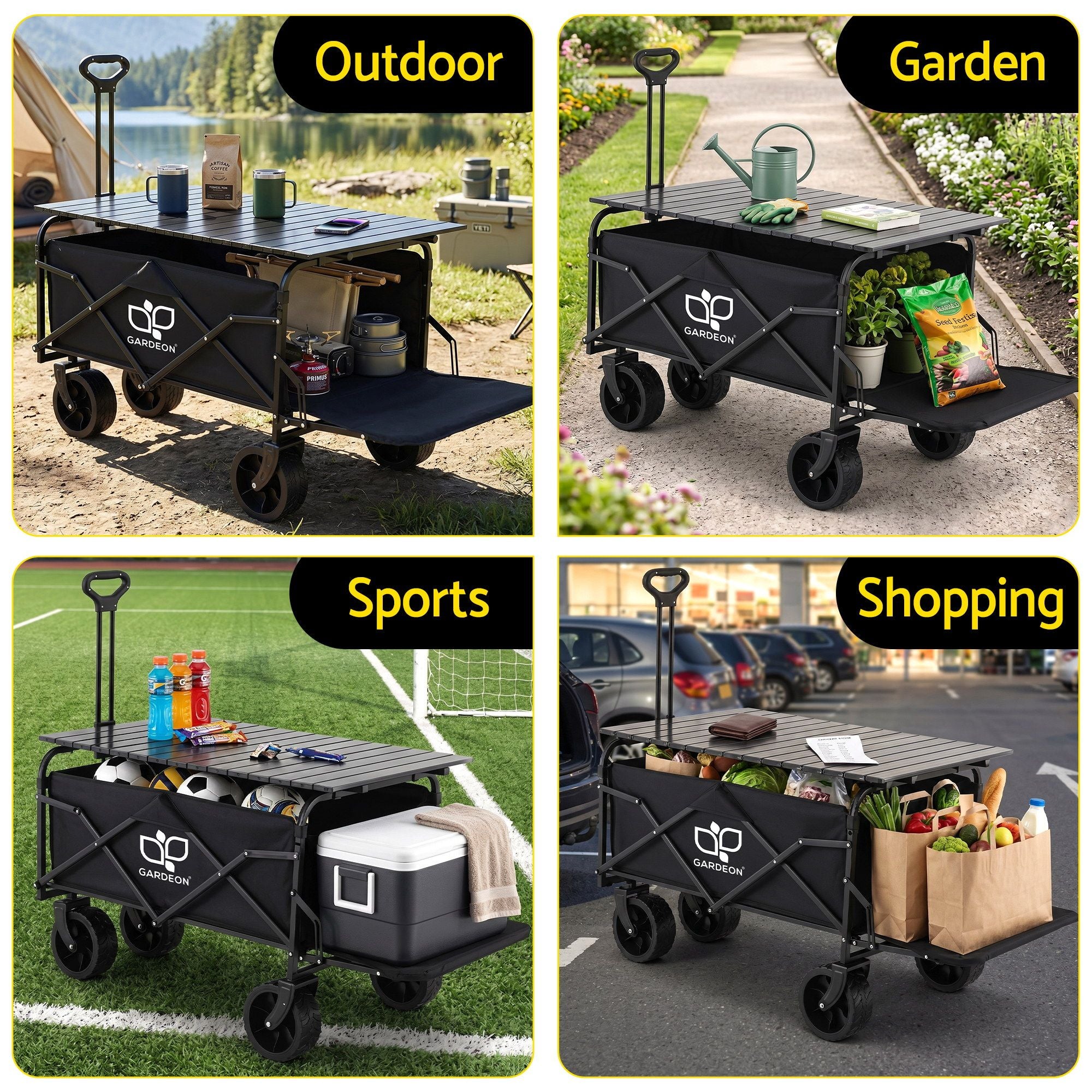 Gardeon Folding Camping Wagon Heavy Duty Utility Cart with Tailgate Table 150L GCT-W-TABLE-86-BK