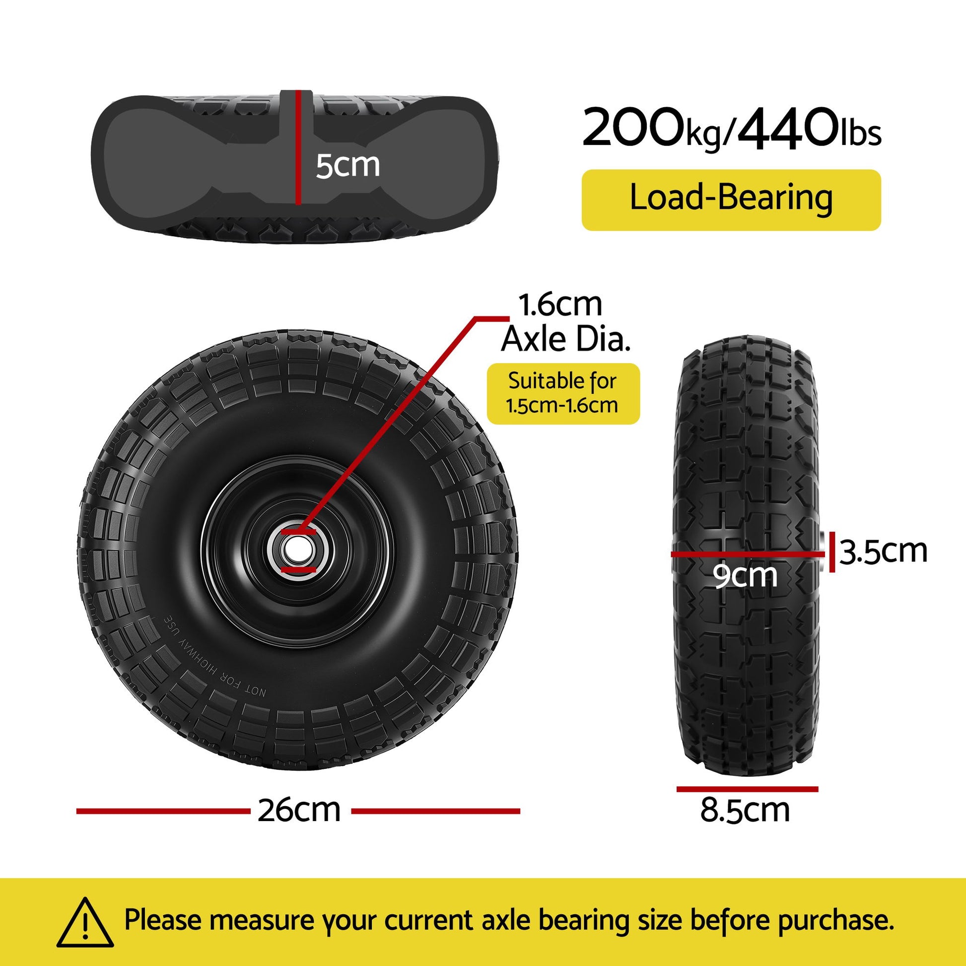 Gardeon 2pcs, 4.10/3.50-4 Tire And Wheel Flat Free, 26cm Solid Rubber Tires with 5/8 Axle Bore Hole And GCT-WHEEL-1SET-BK