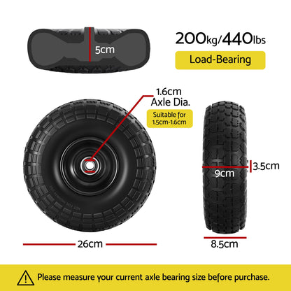 Gardeon 2pcs, 4.10/3.50-4 Tire And Wheel Flat Free, 26cm Solid Rubber Tires with 5/8 Axle Bore Hole And GCT-WHEEL-1SET-BK