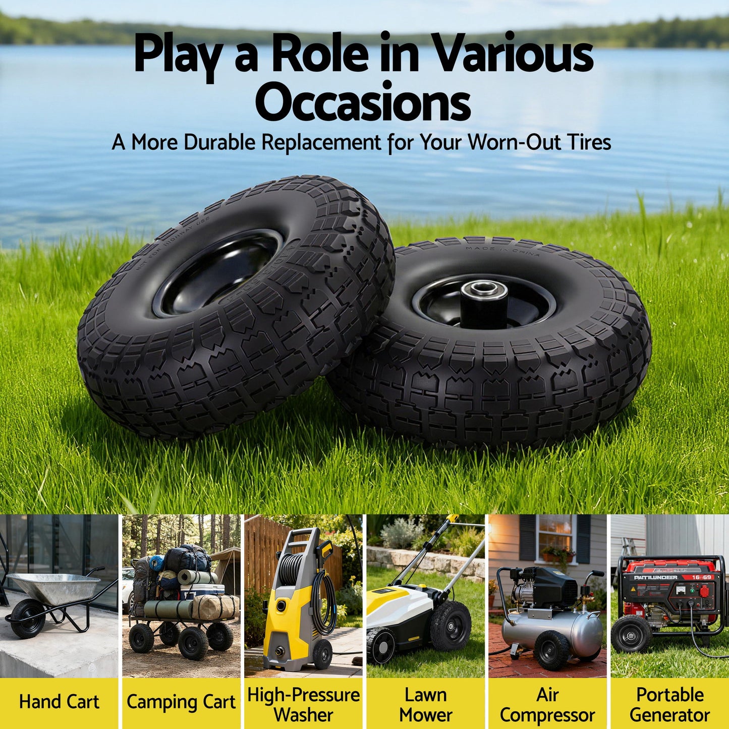 Gardeon 2pcs, 4.10/3.50-4 Tire And Wheel Flat Free, 26cm Solid Rubber Tires with 5/8 Axle Bore Hole And GCT-WHEEL-1SET-BK