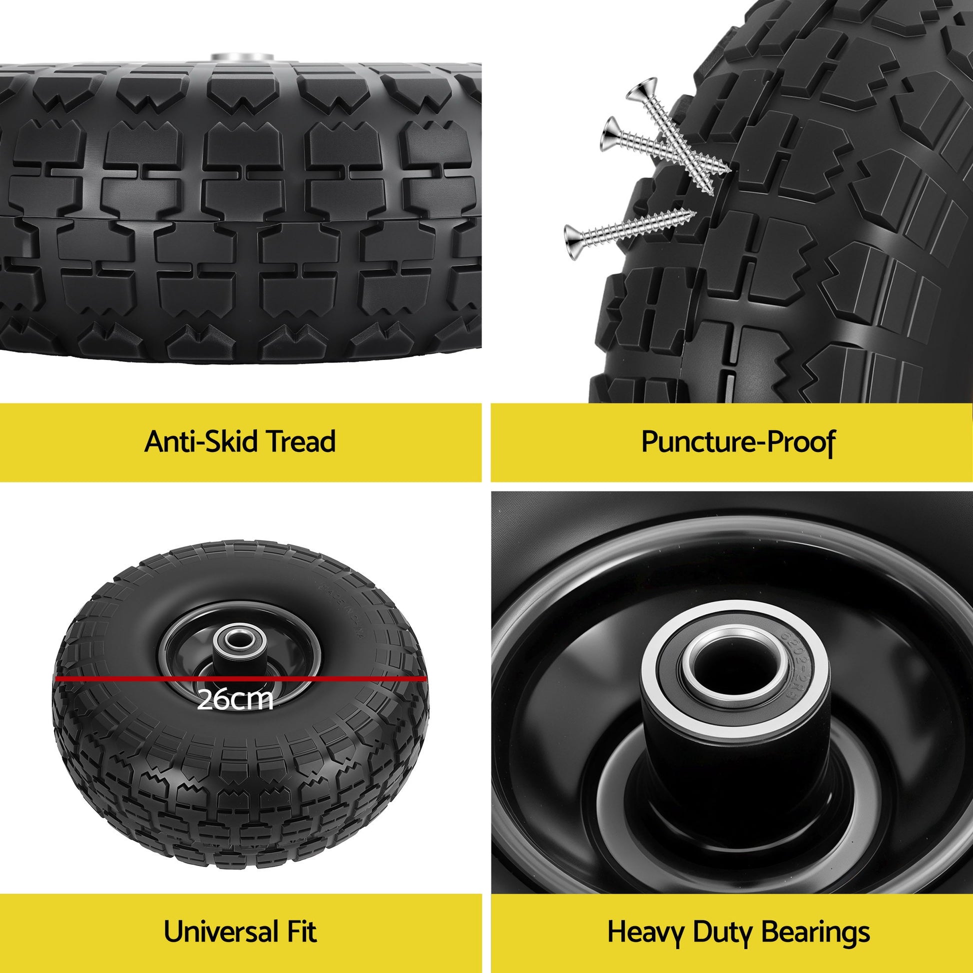 Gardeon 2pcs, 4.10/3.50-4 Tire And Wheel Flat Free, 26cm Solid Rubber Tires with 5/8 Axle Bore Hole And GCT-WHEEL-1SET-BK