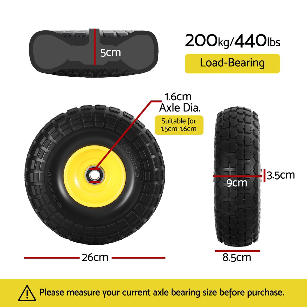Gardeon 2pcs, 4.10/3.50-4 Tire And Wheel Flat Free, 26cm Solid Rubber Tires with 5/8 Axle Bore Hole And GCT-WHEEL-1SET-YE