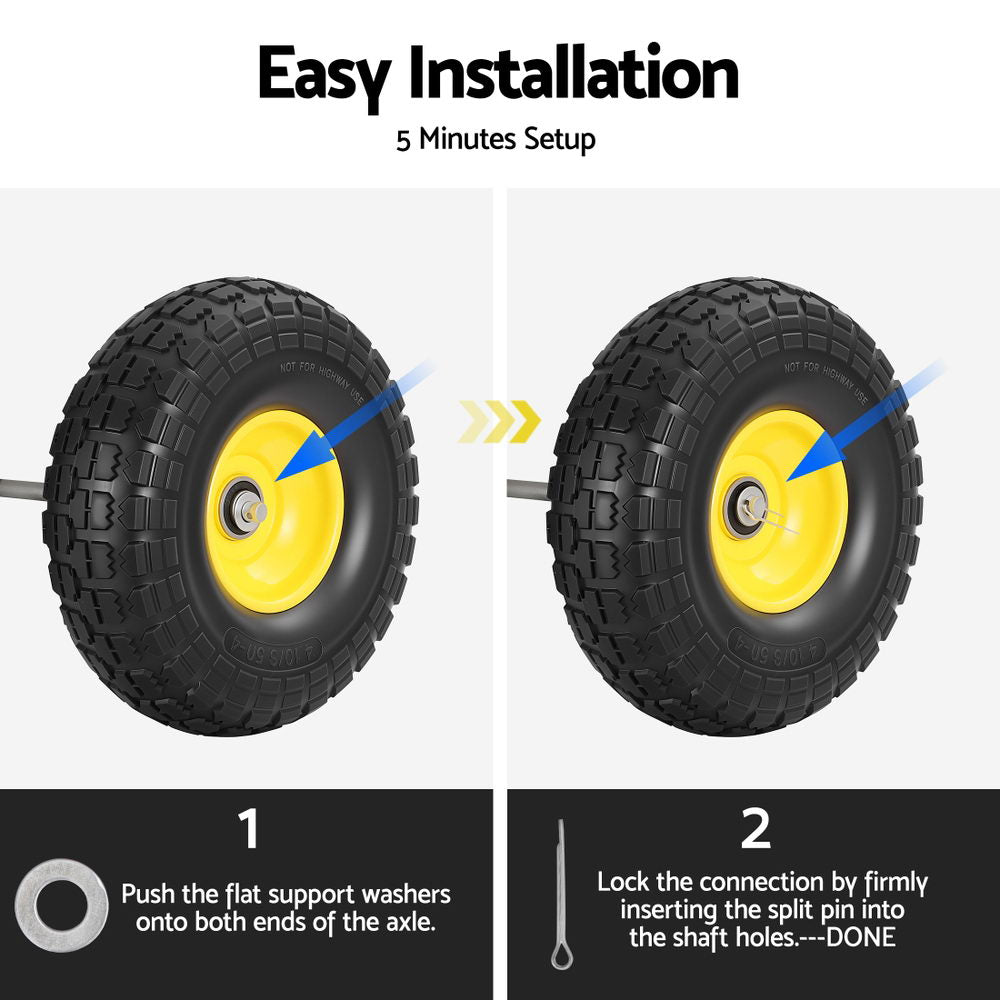 Gardeon 2pcs, 4.10/3.50-4 Tire And Wheel Flat Free, 26cm Solid Rubber Tires with 5/8 Axle Bore Hole And GCT-WHEEL-1SET-YE