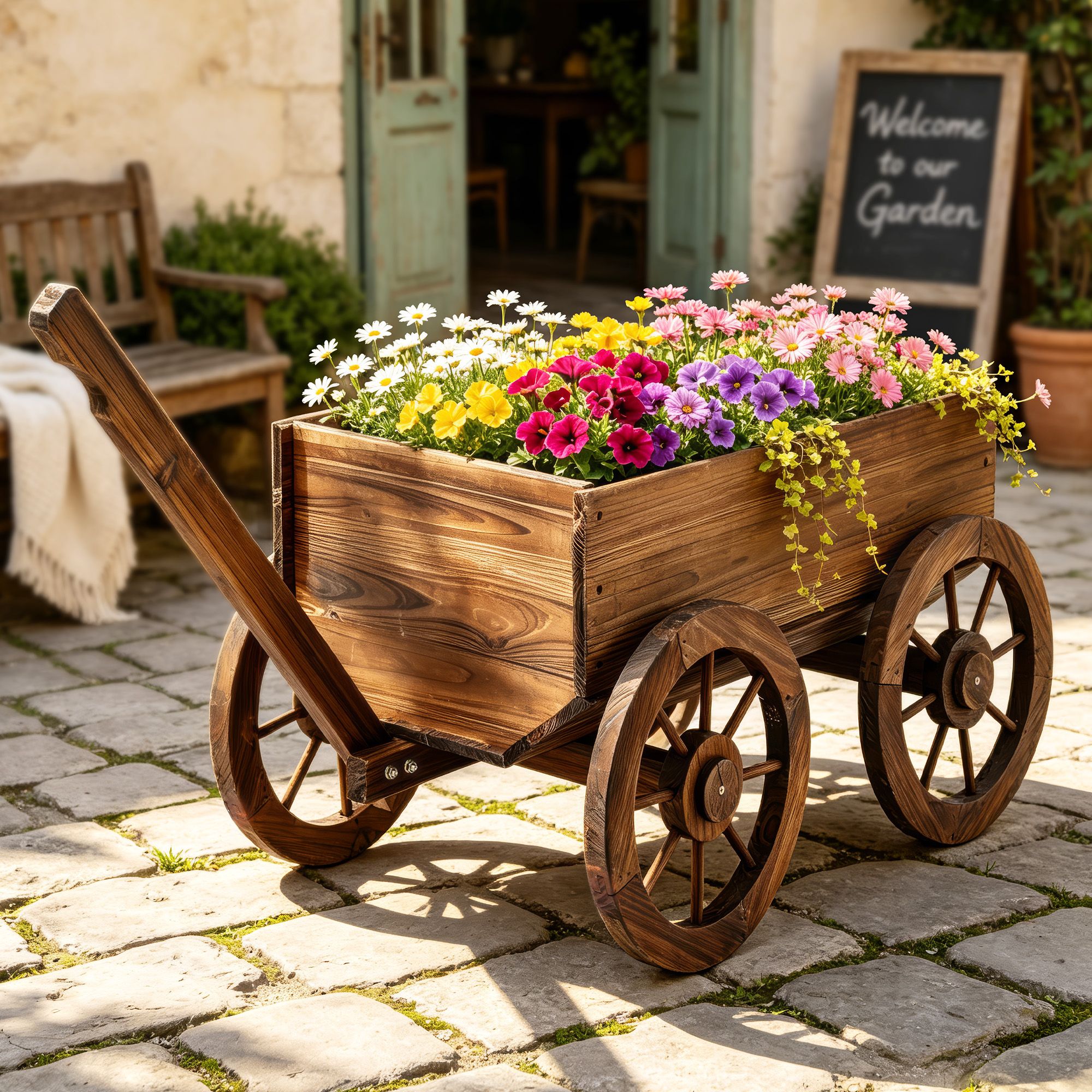 Gardeon Wooden Planter Cart Garden Decor Plant Stand Fir Wood Flower Wagon Wheels XL GD-GC-XL-CC