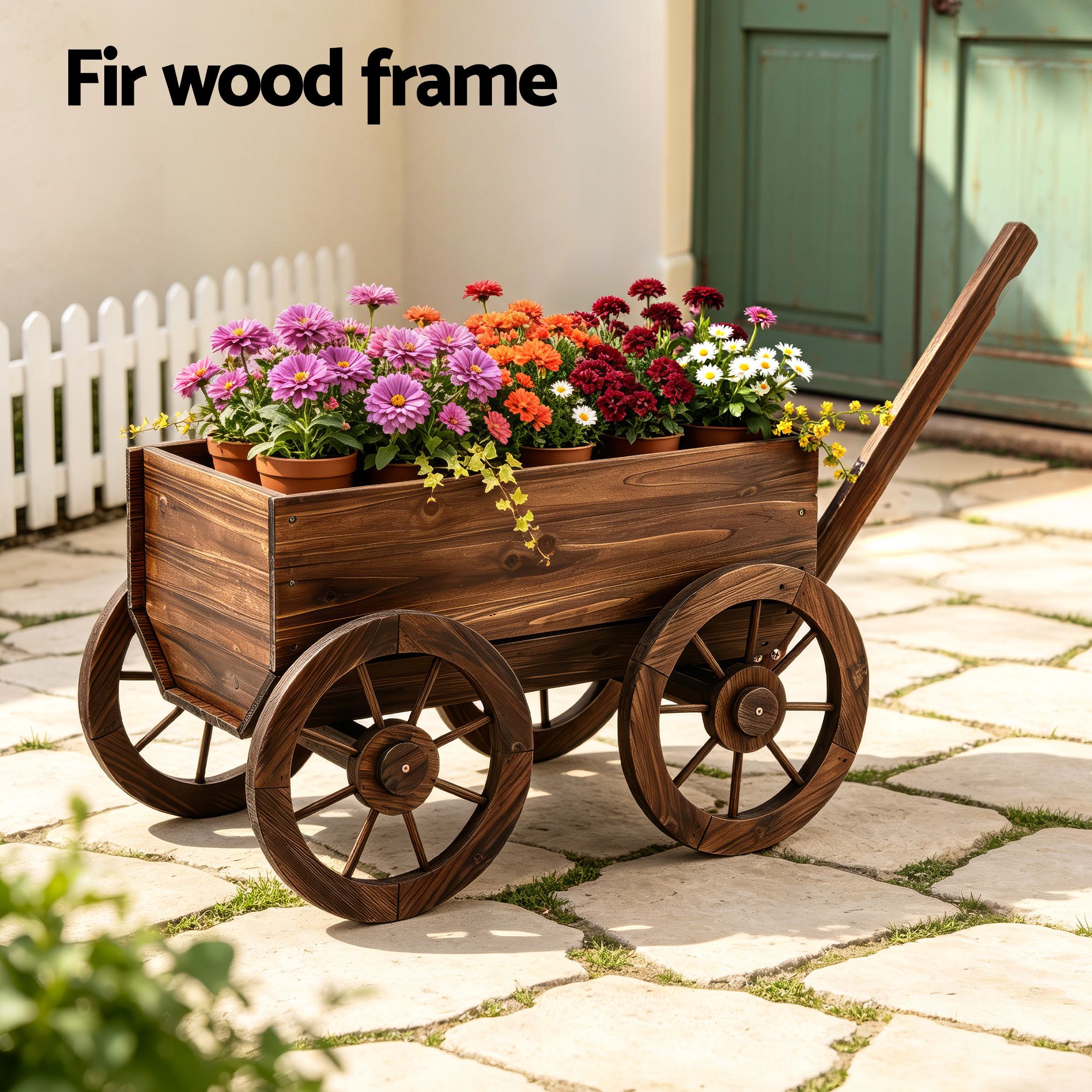 Gardeon Wooden Planter Cart Garden Decor Plant Stand Fir Wood Flower Wagon Wheels XL GD-GC-XL-CC