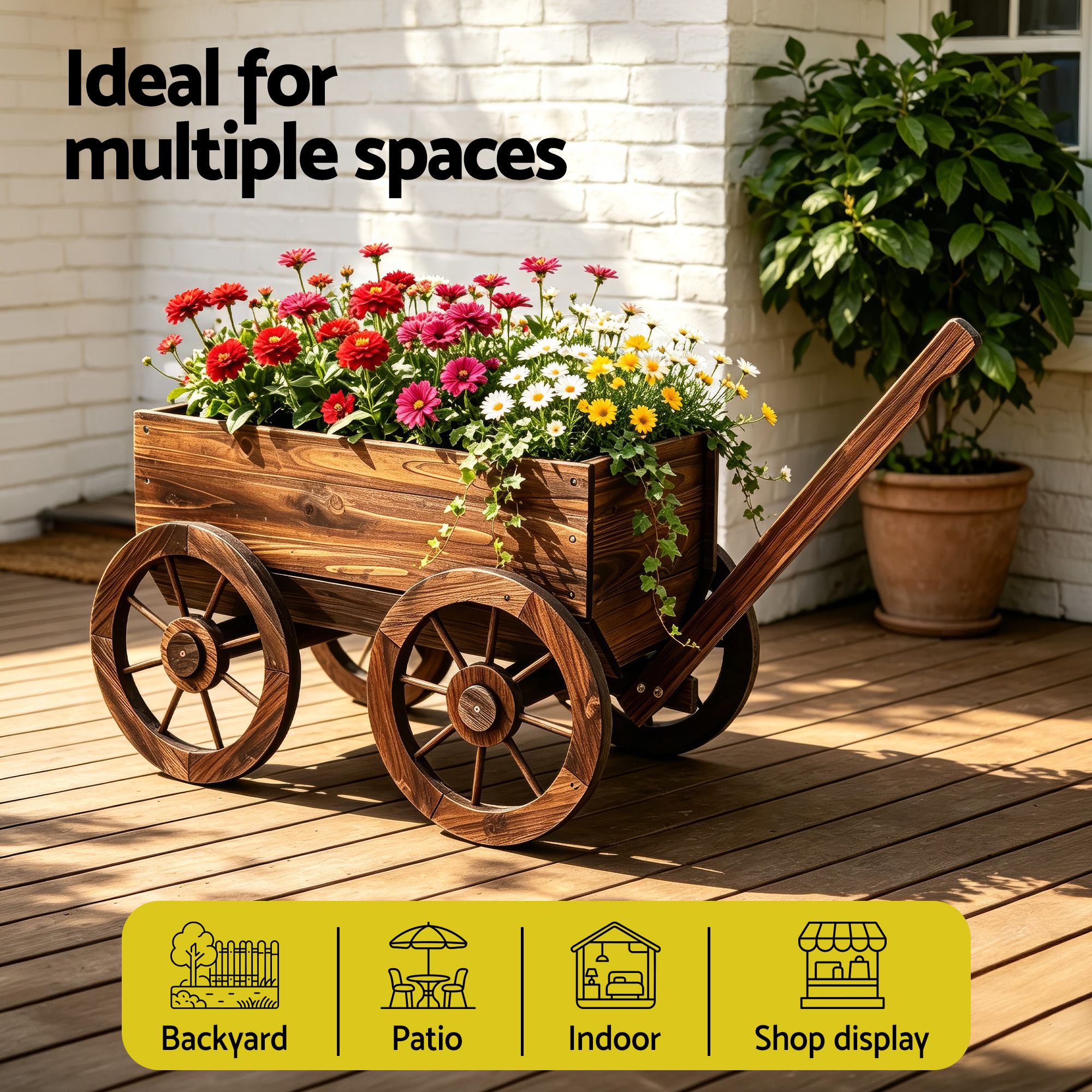 Gardeon Wooden Planter Cart Garden Decor Plant Stand Fir Wood Flower Wagon Wheels XL GD-GC-XL-CC