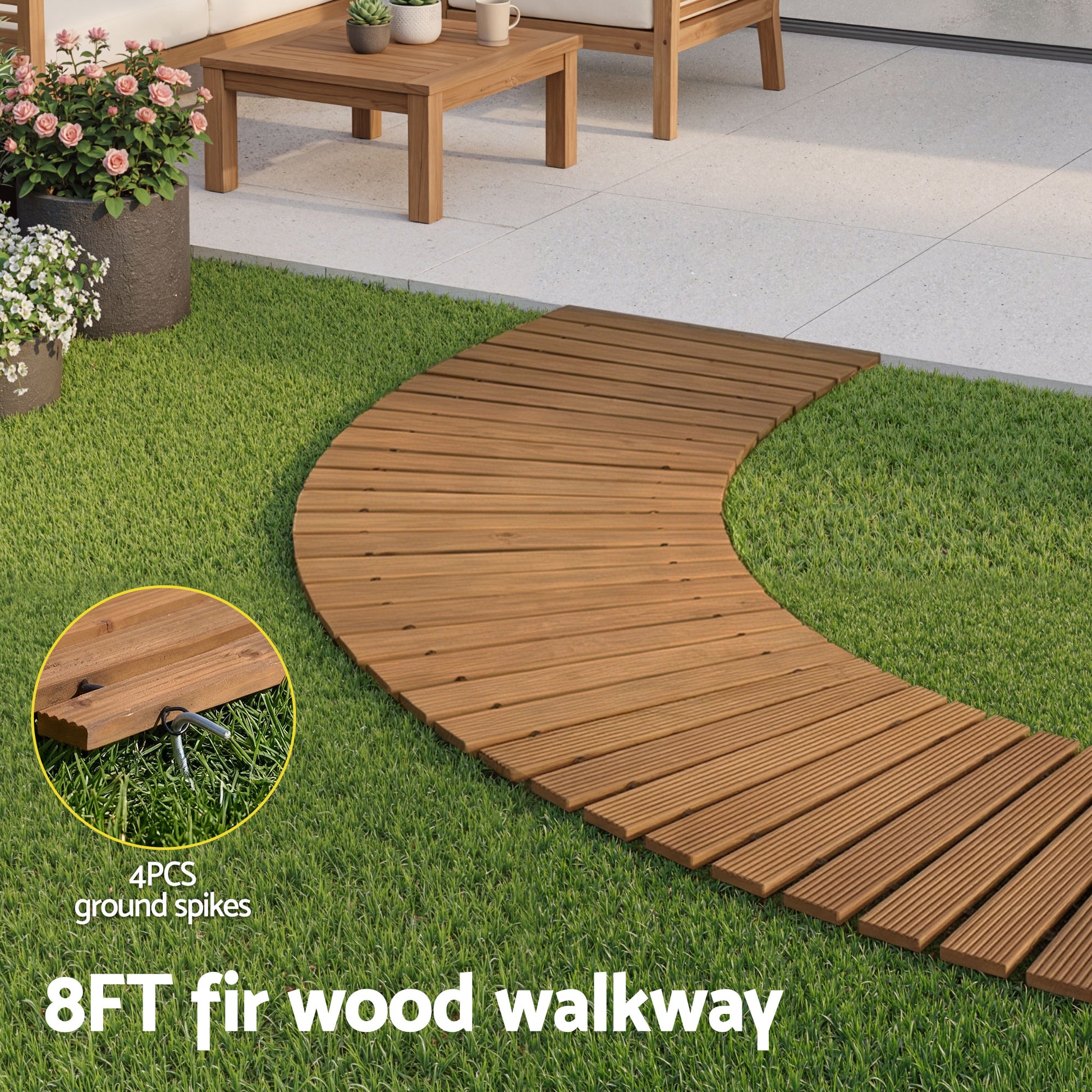 Gardeon 8FT Wooden Garden Pathway Roll-Out Curved Walkway Outdoor Backyard Brown GD-PW-C-8FT-BR