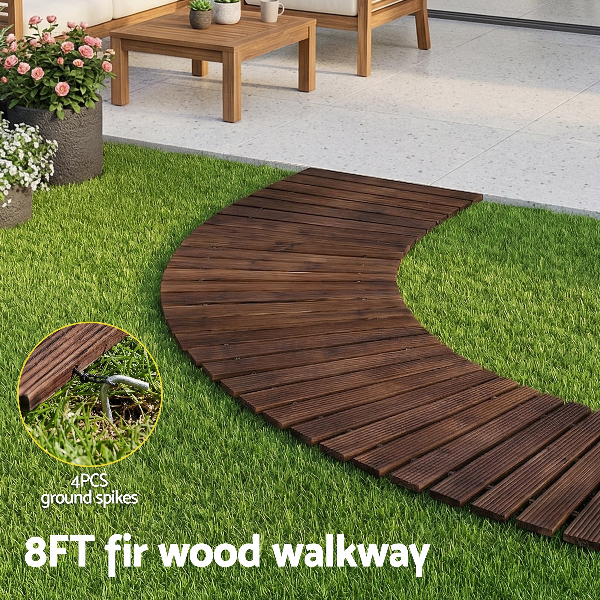 Gardeon 8FT Wooden Garden Pathway Roll-Out Curved Walkway Outdoor Backyard Charcoal Brown GD-PW-C-8FT-CC