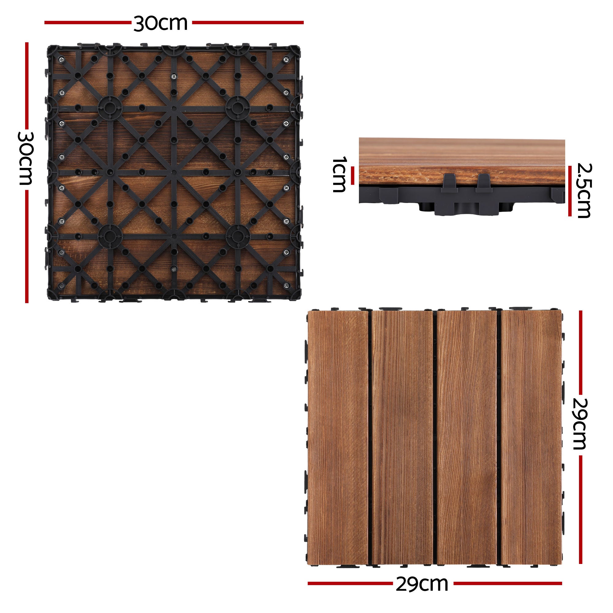 Gardeon 10PCS Wood Deck Tiles 30x30cm Interlocking Floor Tiles for Patio Balcony Garden GD-WT-10PCS-BR